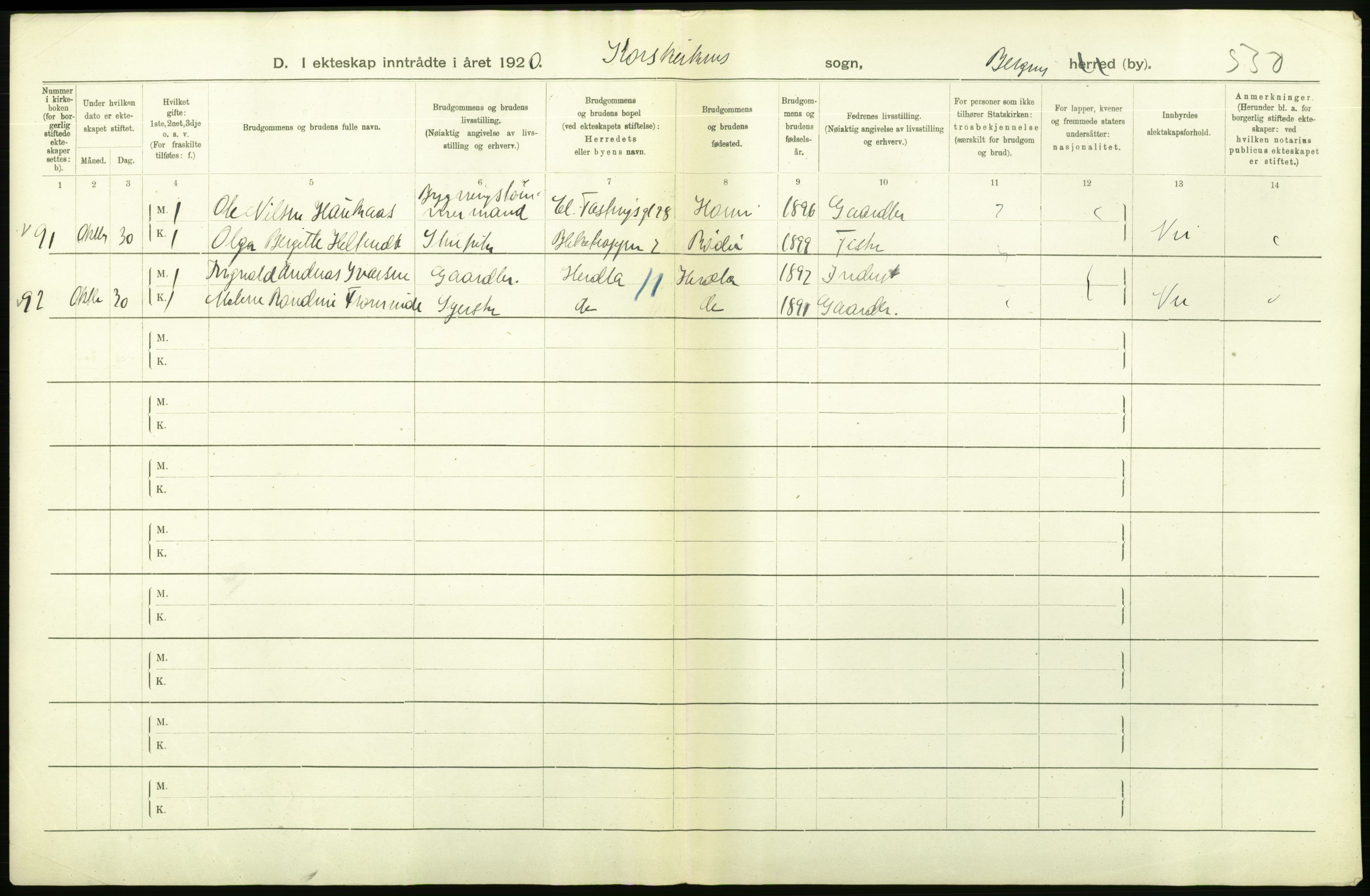 Statistisk sentralbyrå, Sosiodemografiske emner, Befolkning, AV/RA-S-2228/D/Df/Dfb/Dfbj/L0042: Bergen: Gifte, døde, dødfødte., 1920, p. 192