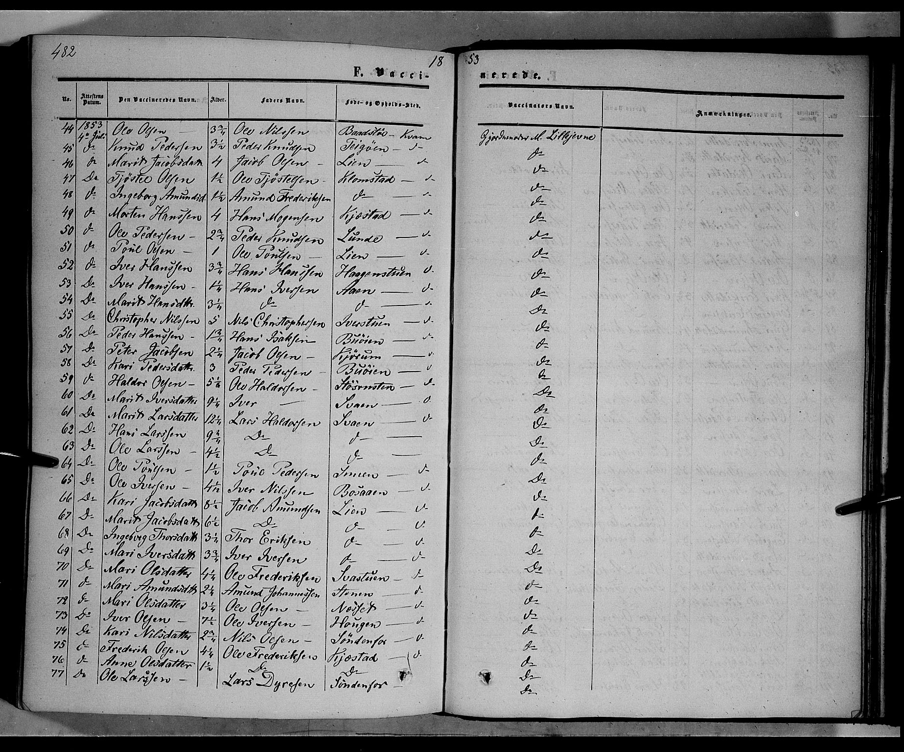 Nord-Fron prestekontor, AV/SAH-PREST-080/H/Ha/Haa/L0001: Parish register (official) no. 1, 1851-1864, p. 482