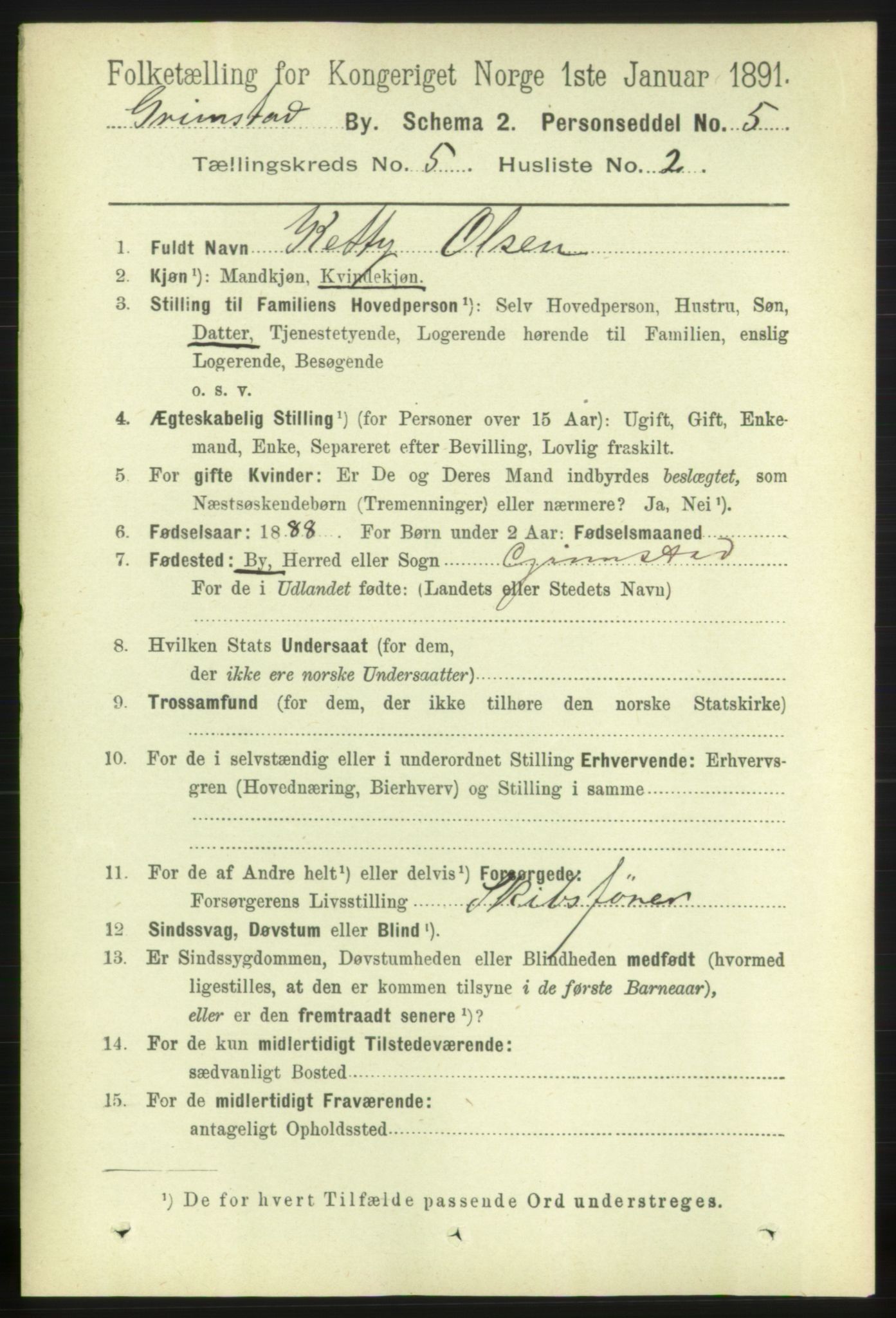 RA, 1891 census for 0904 Grimstad, 1891, p. 3017