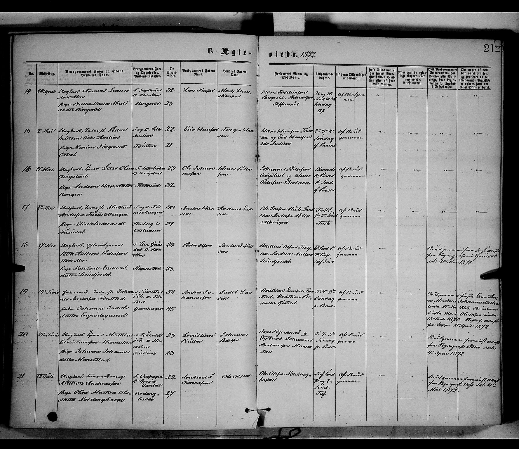 Vestre Toten prestekontor, SAH/PREST-108/H/Ha/Haa/L0008: Parish register (official) no. 8, 1870-1877, p. 212