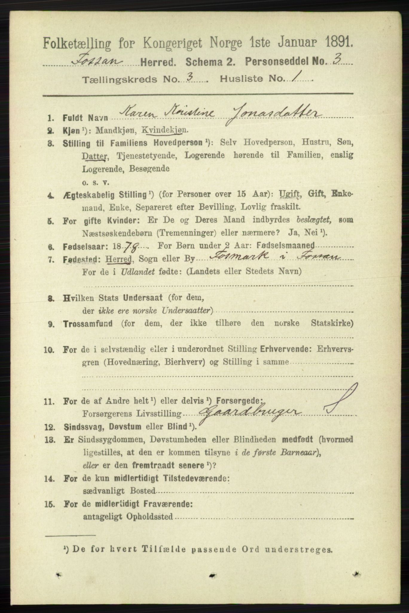 RA, 1891 census for 1129 Forsand, 1891, p. 330