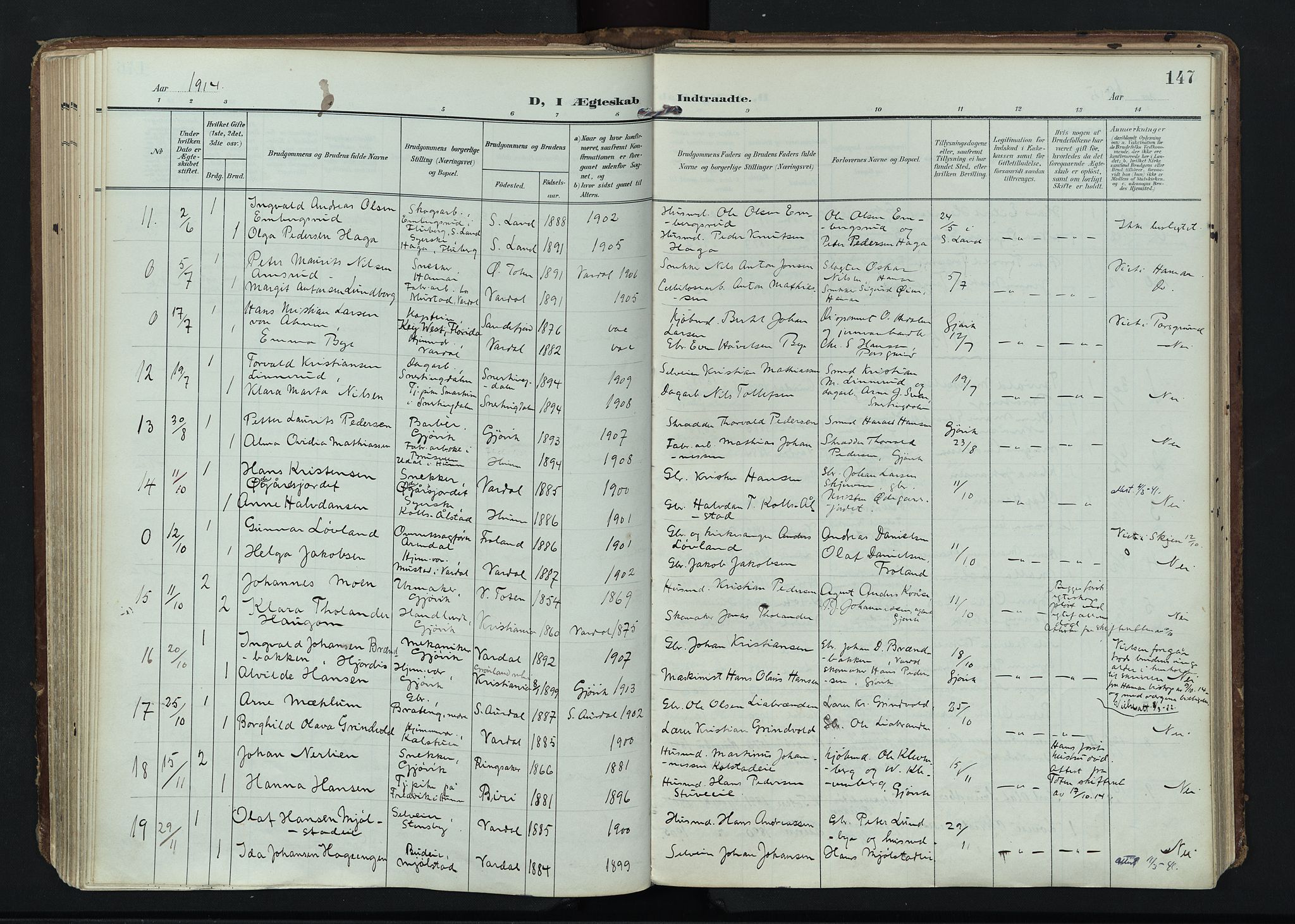 Vardal prestekontor, SAH/PREST-100/H/Ha/Haa/L0020: Parish register (official) no. 20, 1907-1921, p. 147