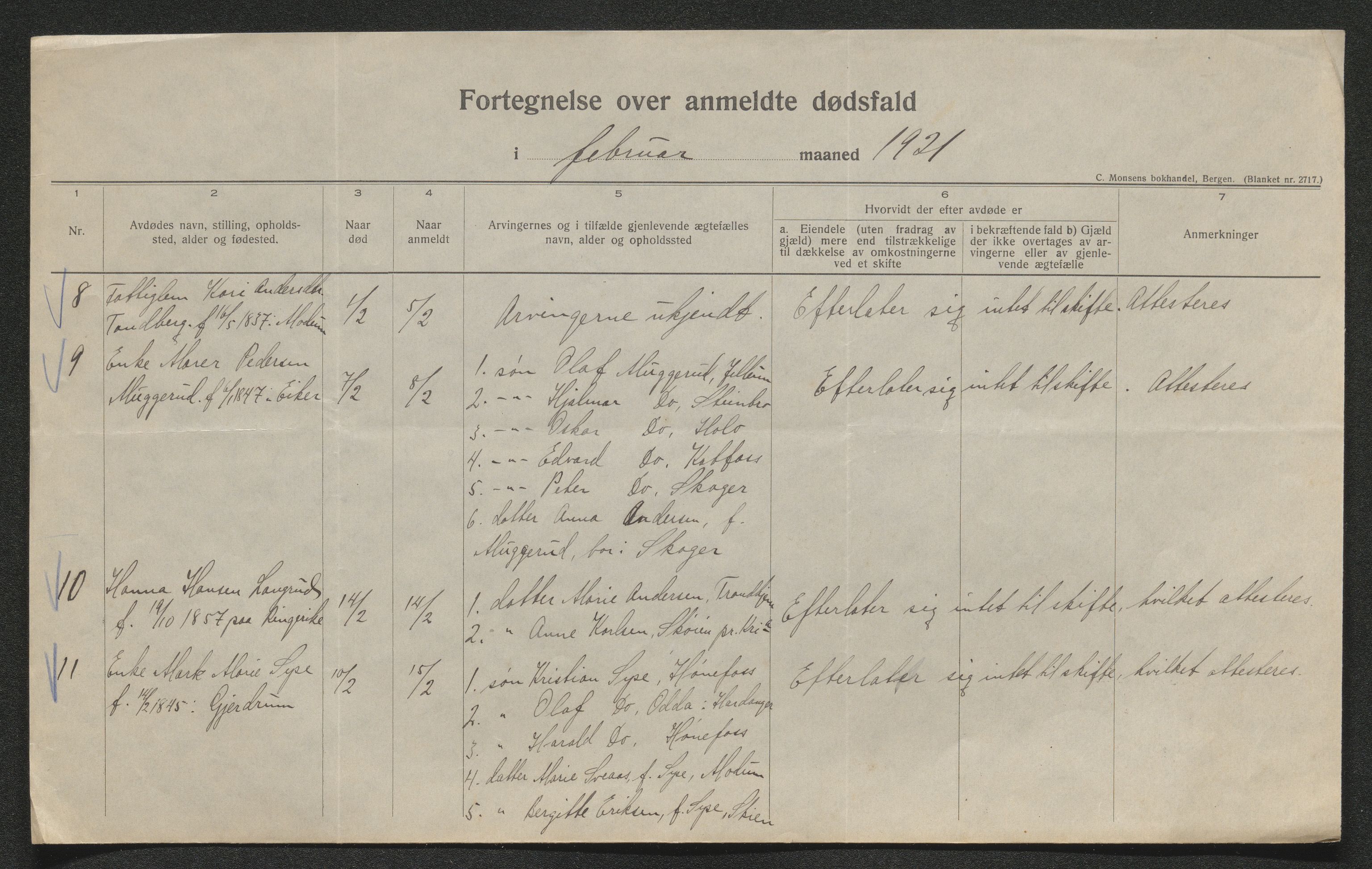 Eiker, Modum og Sigdal sorenskriveri, AV/SAKO-A-123/H/Ha/Hab/L0040: Dødsfallsmeldinger, 1920-1921, p. 919