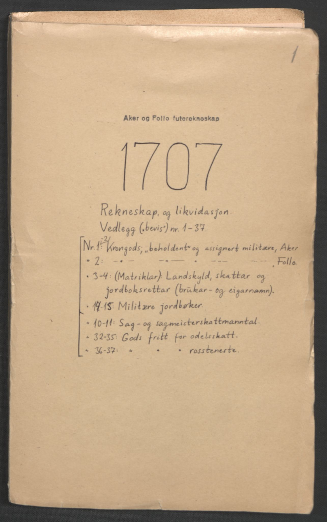 Rentekammeret inntil 1814, Reviderte regnskaper, Fogderegnskap, AV/RA-EA-4092/R10/L0447: Fogderegnskap Aker og Follo, 1707-1709, p. 2