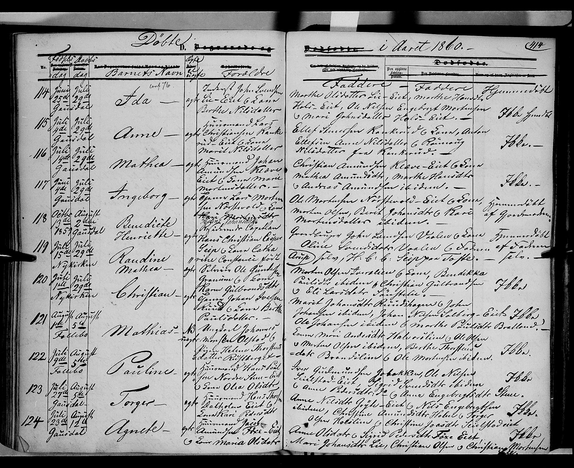 Gausdal prestekontor, SAH/PREST-090/H/Ha/Haa/L0008: Parish register (official) no. 8, 1850-1861, p. 414