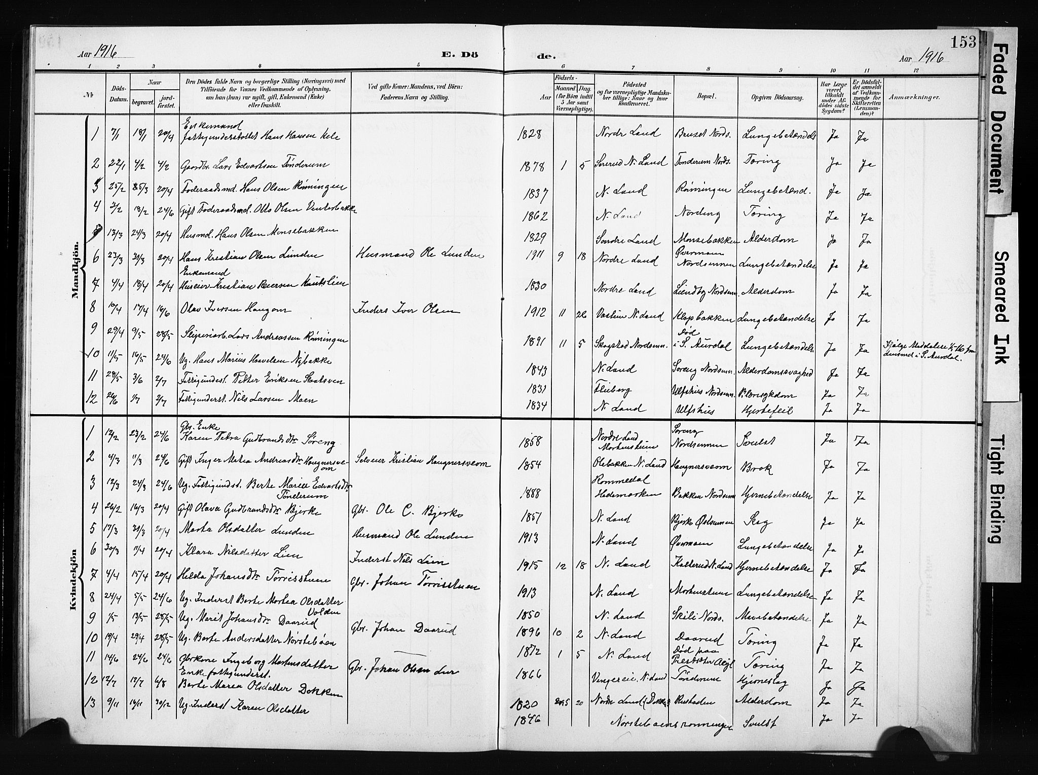 Nordre Land prestekontor, AV/SAH-PREST-124/H/Ha/Hab/L0006: Parish register (copy) no. 6, 1905-1929, p. 153