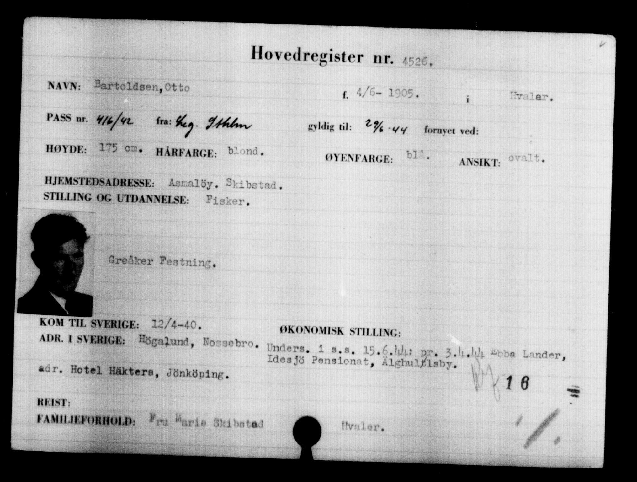 Utenriksstasjonene, Legasjonen i Stockholm, Flyktningkontoret, AV/RA-S-6753/V/Va/L0004: Kjesäterkartoteket, flyktninger med registreringsnr. 3496-6610, 1940-1945, p. 1233