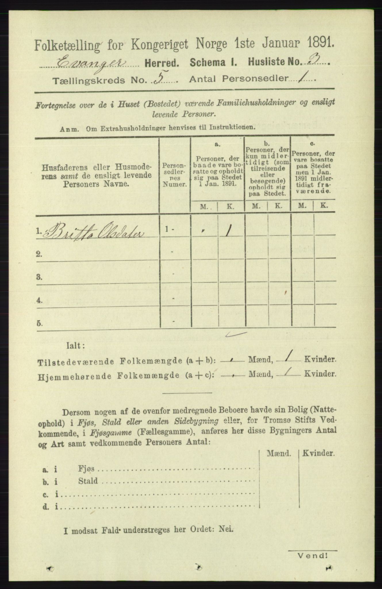 RA, 1891 census for 1237 Evanger, 1891, p. 1361