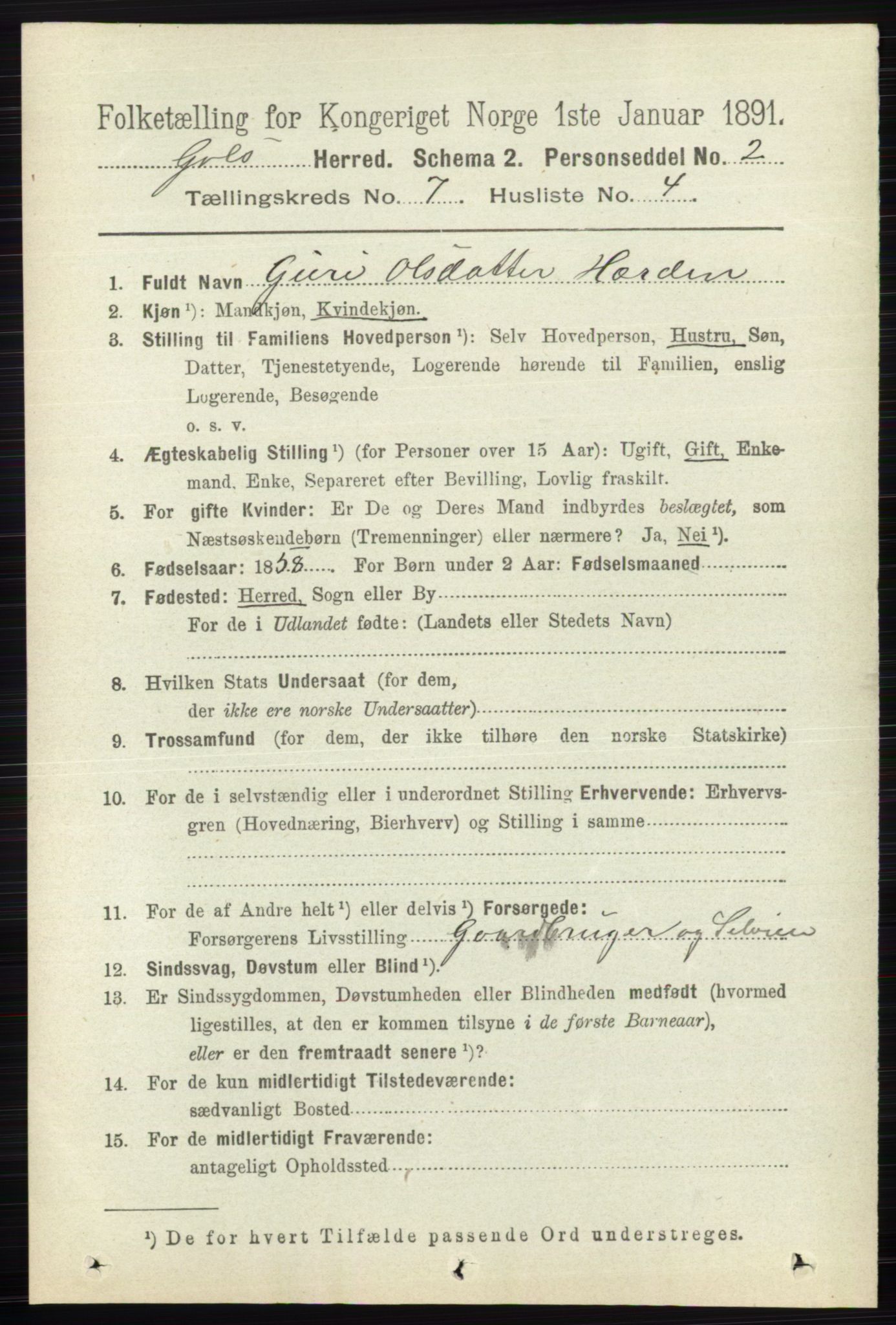 RA, 1891 census for 0617 Gol og Hemsedal, 1891, p. 2816