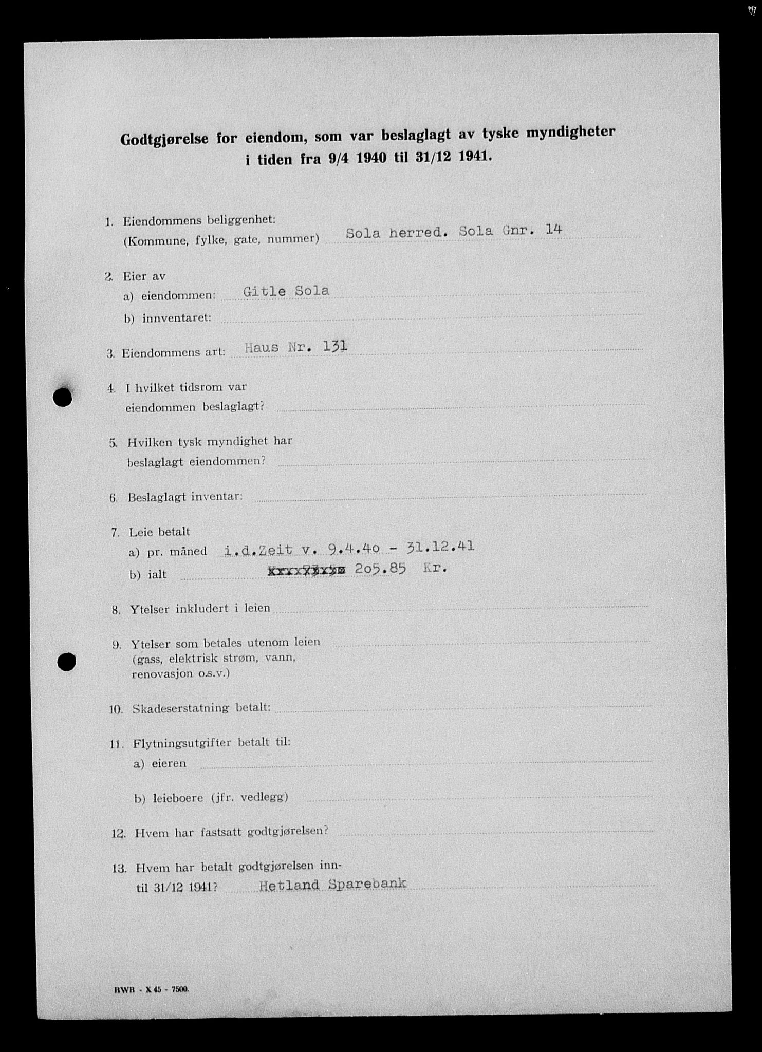 Justisdepartementet, Tilbakeføringskontoret for inndratte formuer, AV/RA-S-1564/I/L1015: Godtgjørelse for beslaglagt eiendom, 1940-1941, p. 224