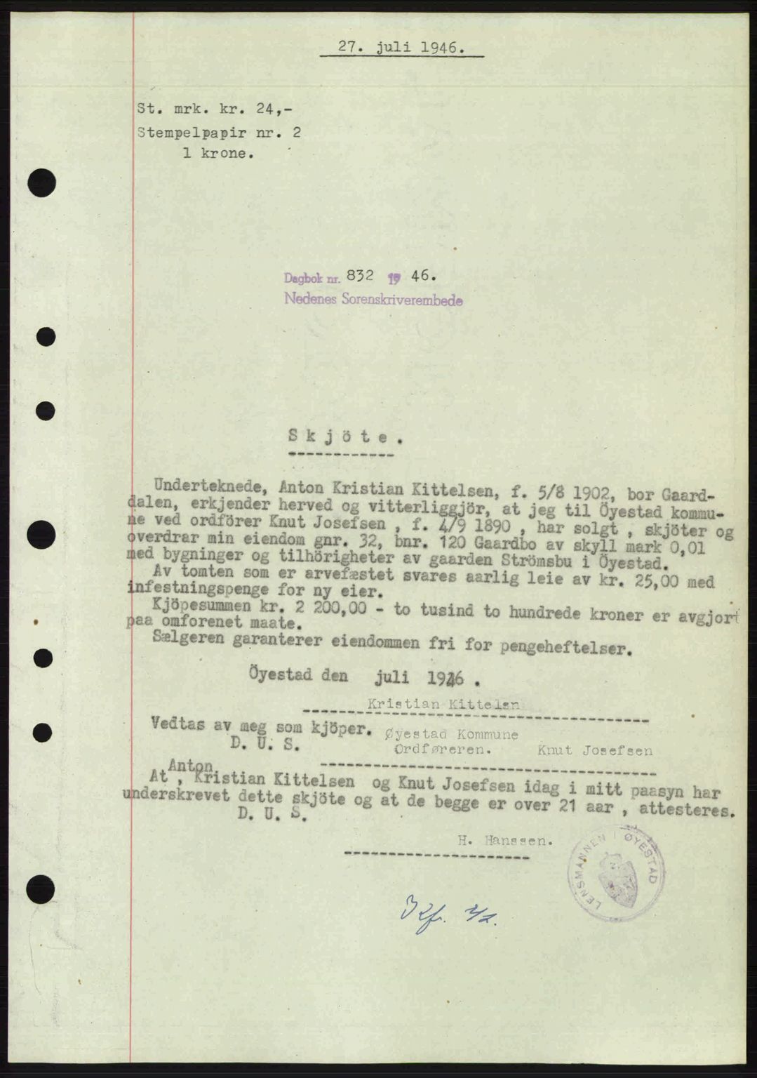 Nedenes sorenskriveri, AV/SAK-1221-0006/G/Gb/Gba/L0055: Mortgage book no. A7, 1946-1946, Diary no: : 832/1946