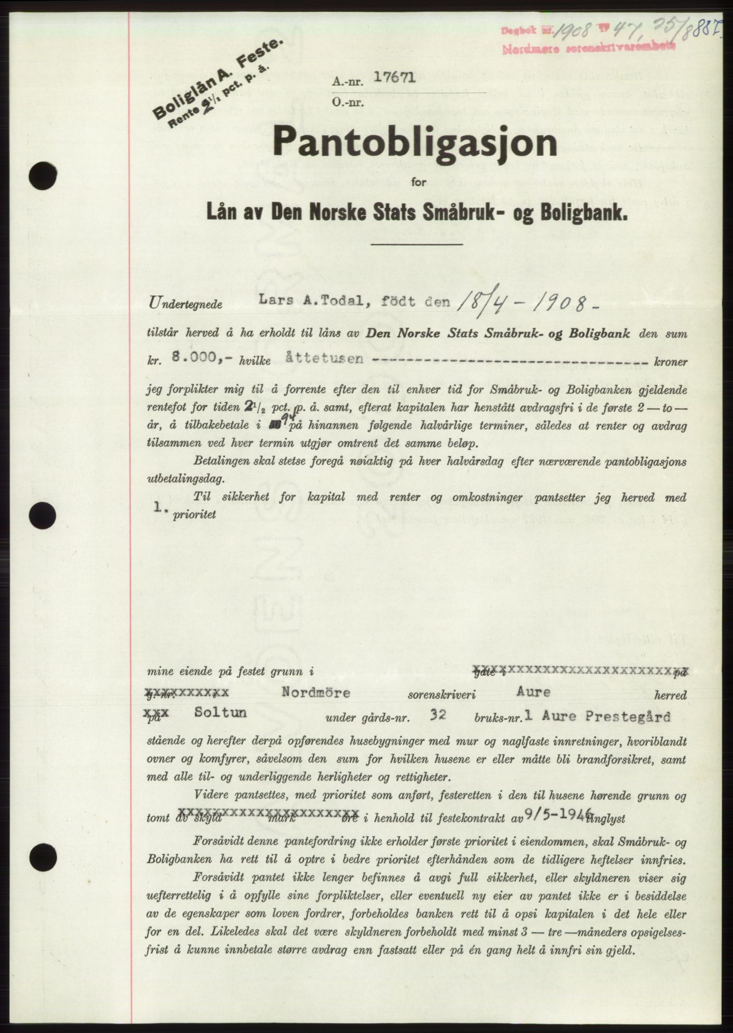 Nordmøre sorenskriveri, AV/SAT-A-4132/1/2/2Ca: Mortgage book no. B96, 1947-1947, Diary no: : 1908/1947