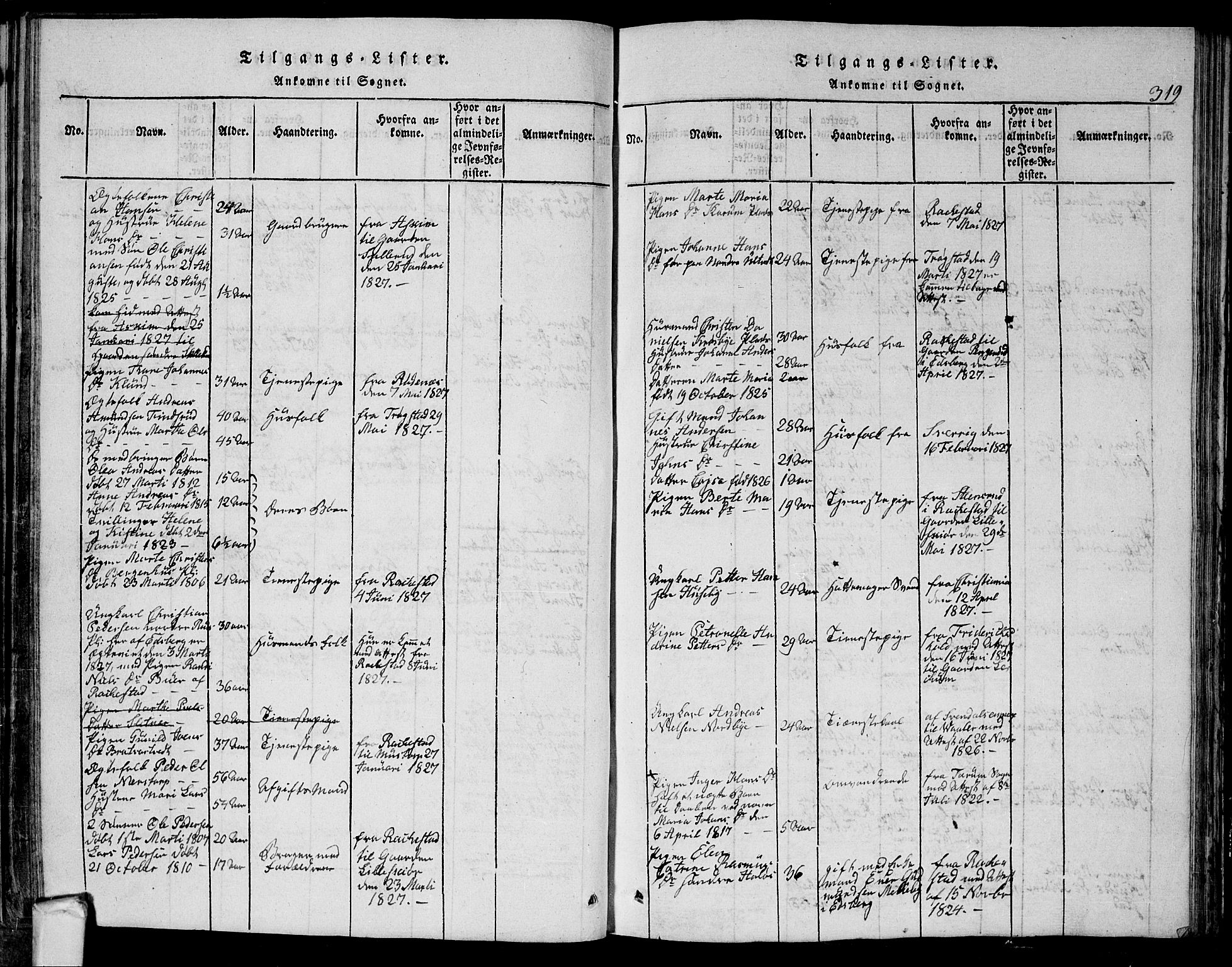 Eidsberg prestekontor Kirkebøker, AV/SAO-A-10905/G/Ga/L0001: Parish register (copy) no. I 1, 1814-1831, p. 319