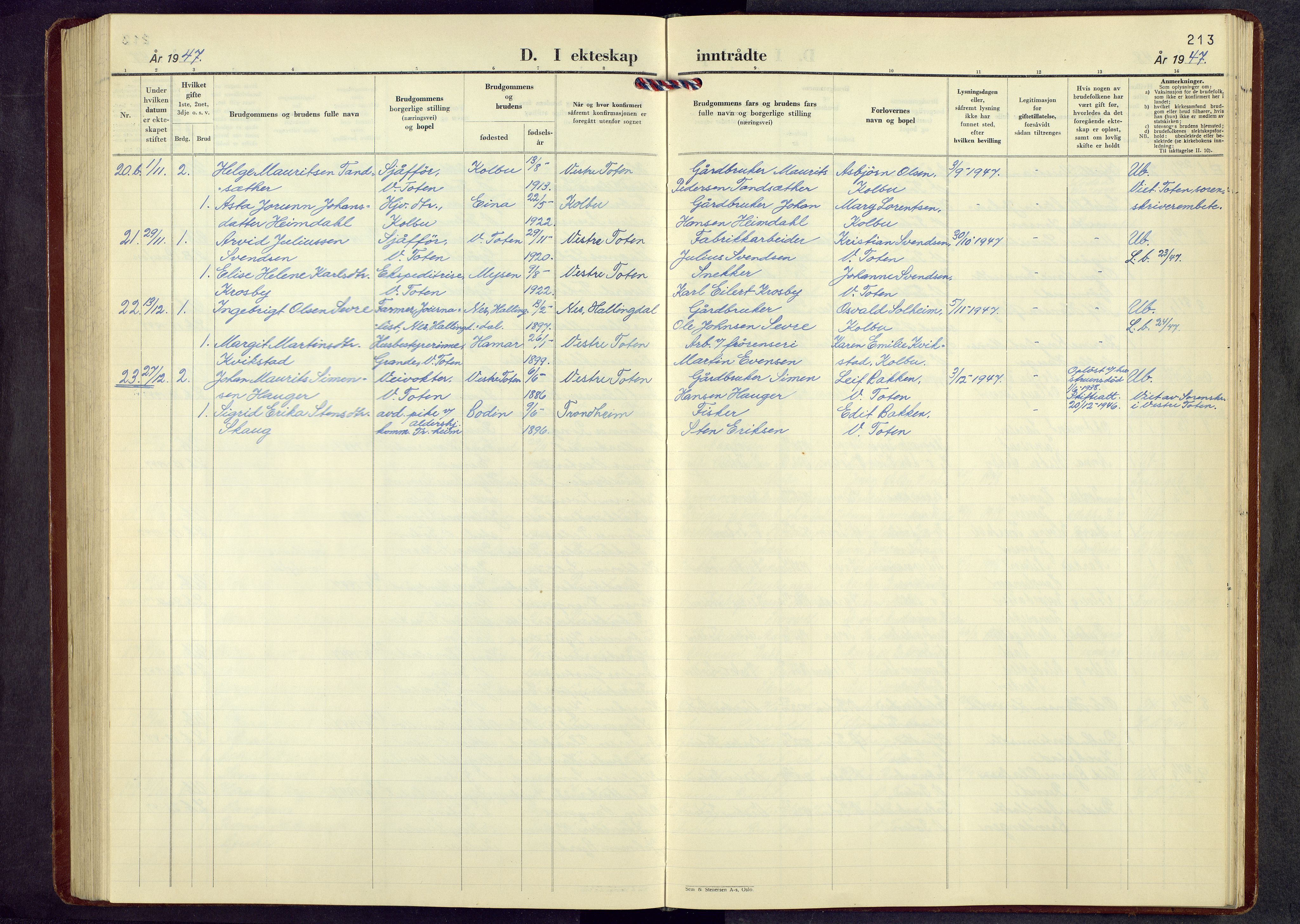 Vestre Toten prestekontor, AV/SAH-PREST-108/H/Ha/Hab/L0017: Parish register (copy) no. 17, 1947-1969, p. 213