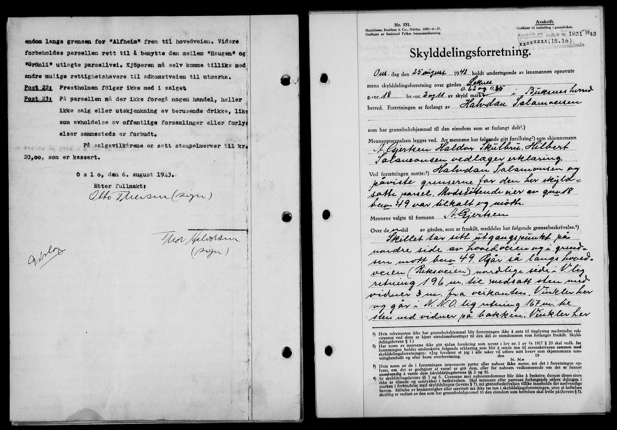 Lofoten sorenskriveri, SAT/A-0017/1/2/2C/L0011a: Mortgage book no. 11a, 1943-1943, Diary no: : 1231/1943