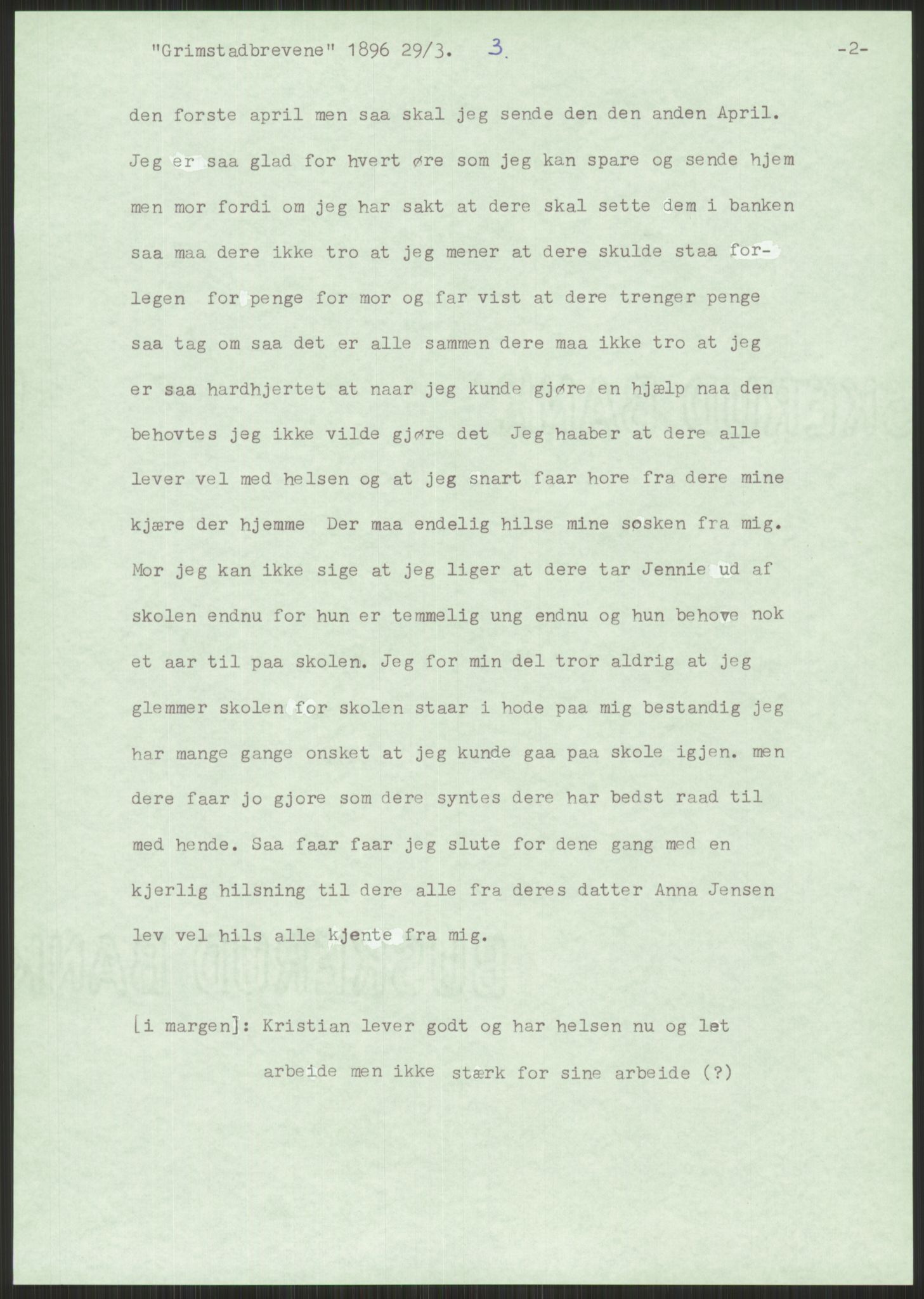 Samlinger til kildeutgivelse, Amerikabrevene, AV/RA-EA-4057/F/L0025: Innlån fra Aust-Agder: Aust-Agder-Arkivet, Grimstadbrevene, 1838-1914, p. 33