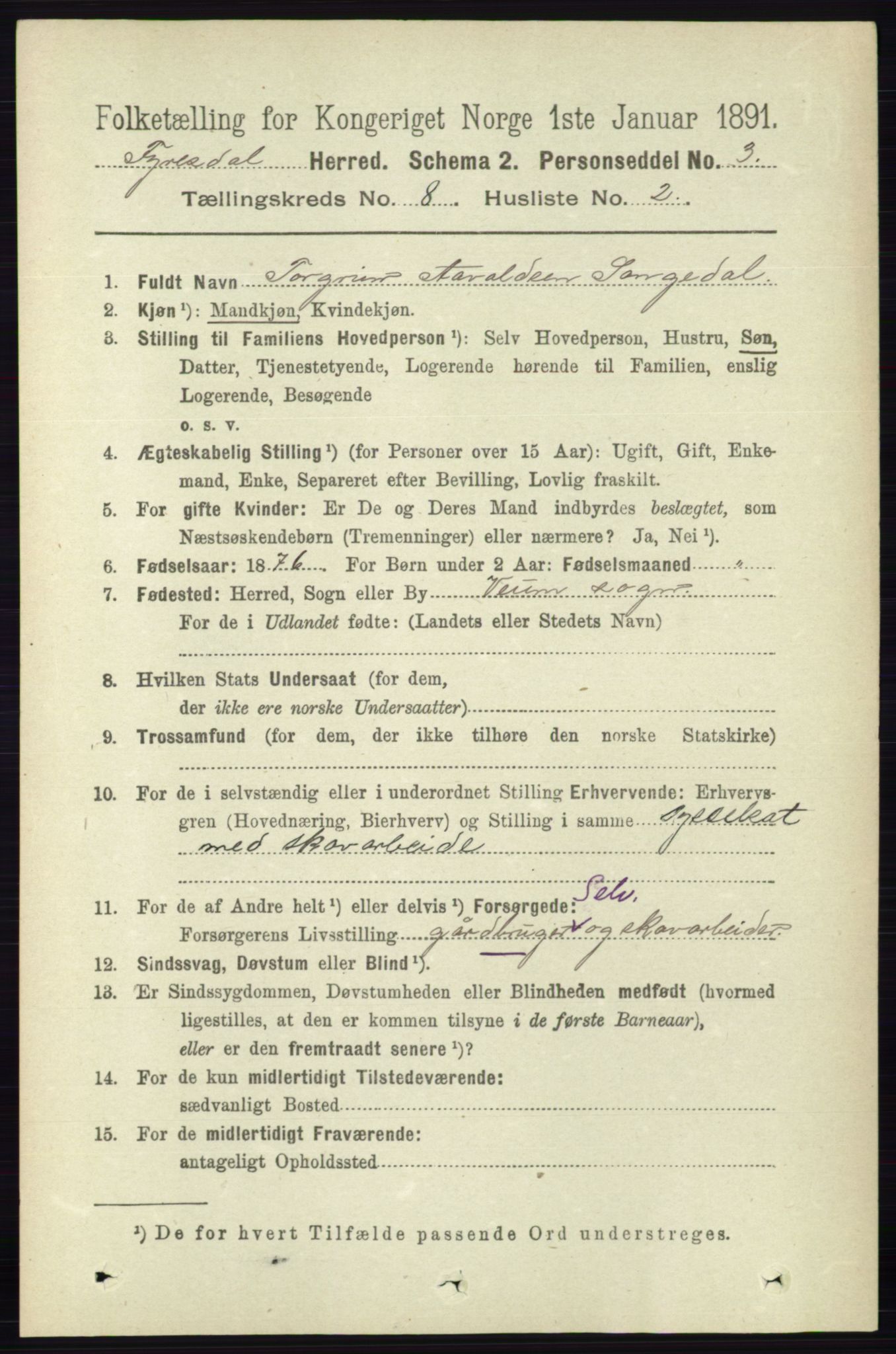 RA, 1891 census for 0831 Fyresdal, 1891, p. 2181