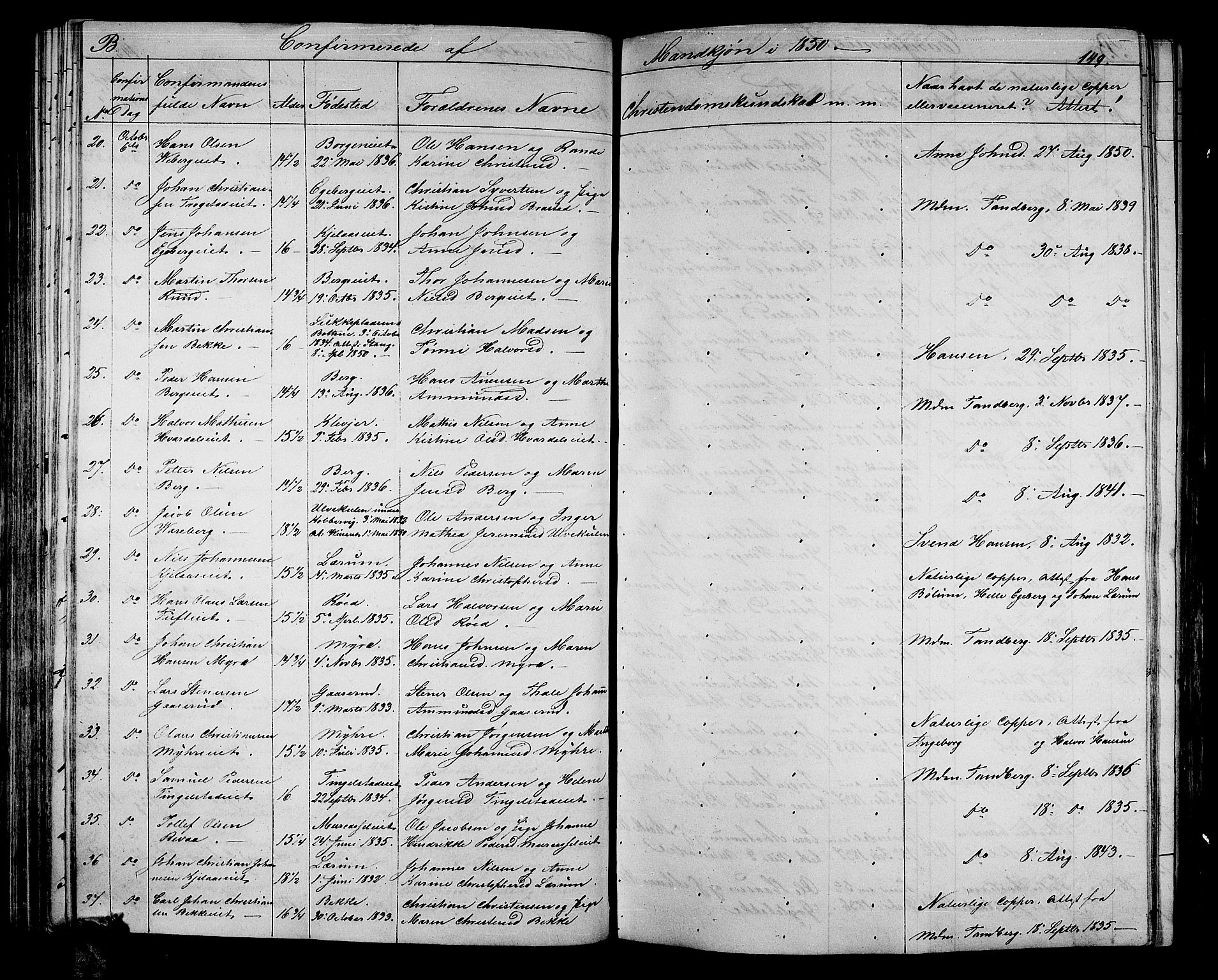 Sande Kirkebøker, AV/SAKO-A-53/G/Ga/L0002: Parish register (copy) no. 2, 1847-1863, p. 149