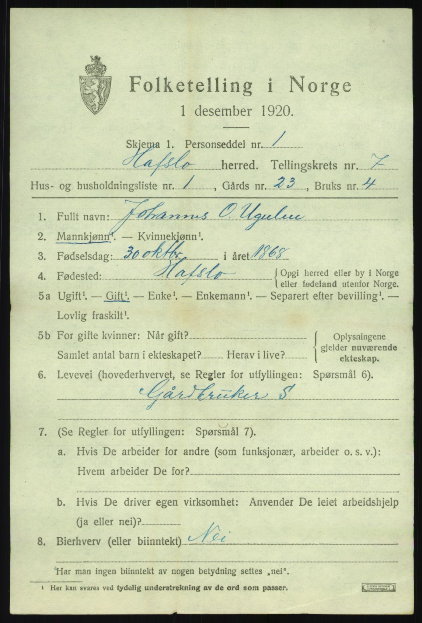 SAB, 1920 census for Hafslo, 1920, p. 5088