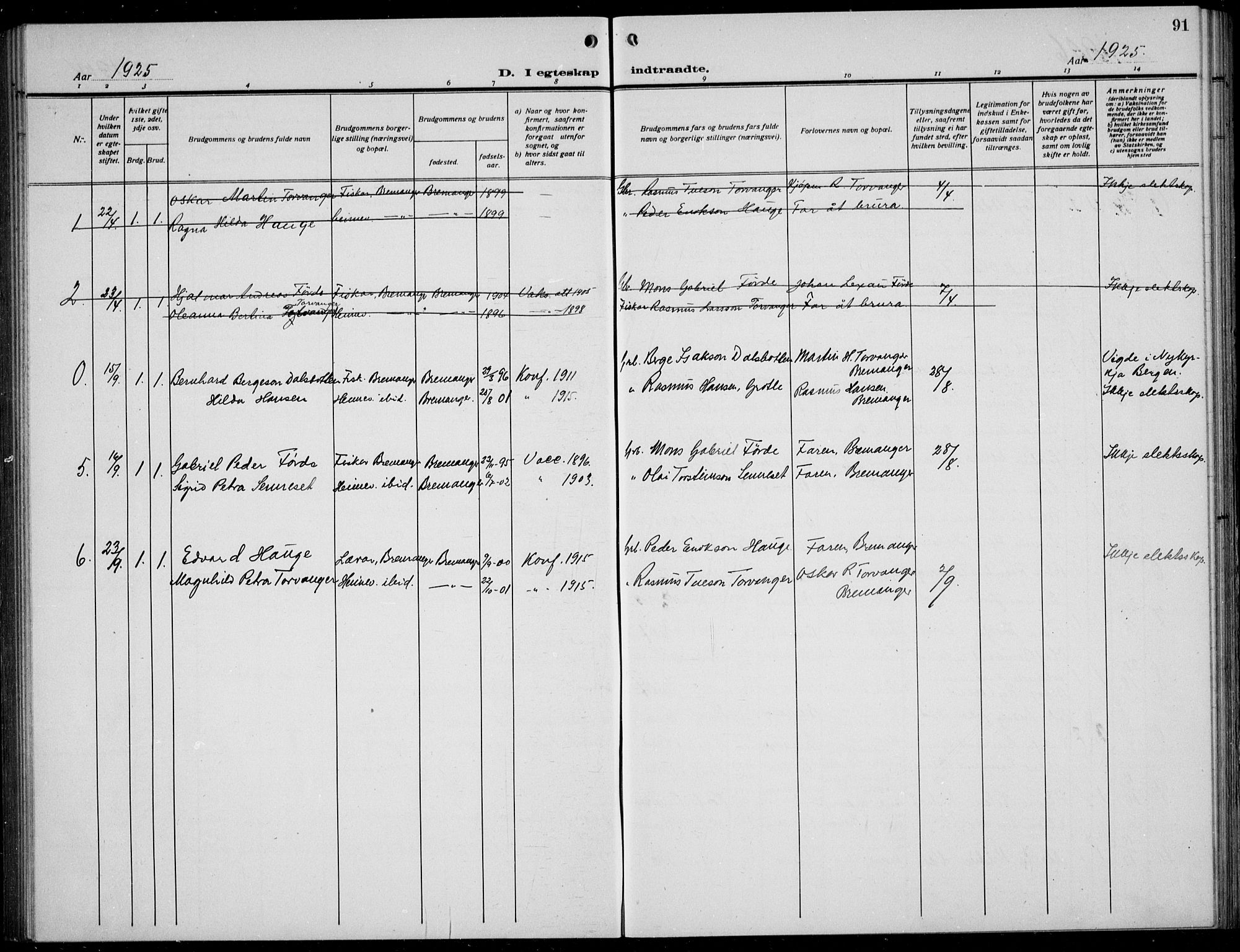 Bremanger sokneprestembete, SAB/A-82201/H/Hab/Habc/L0002: Parish register (copy) no. C  2, 1920-1936, p. 91