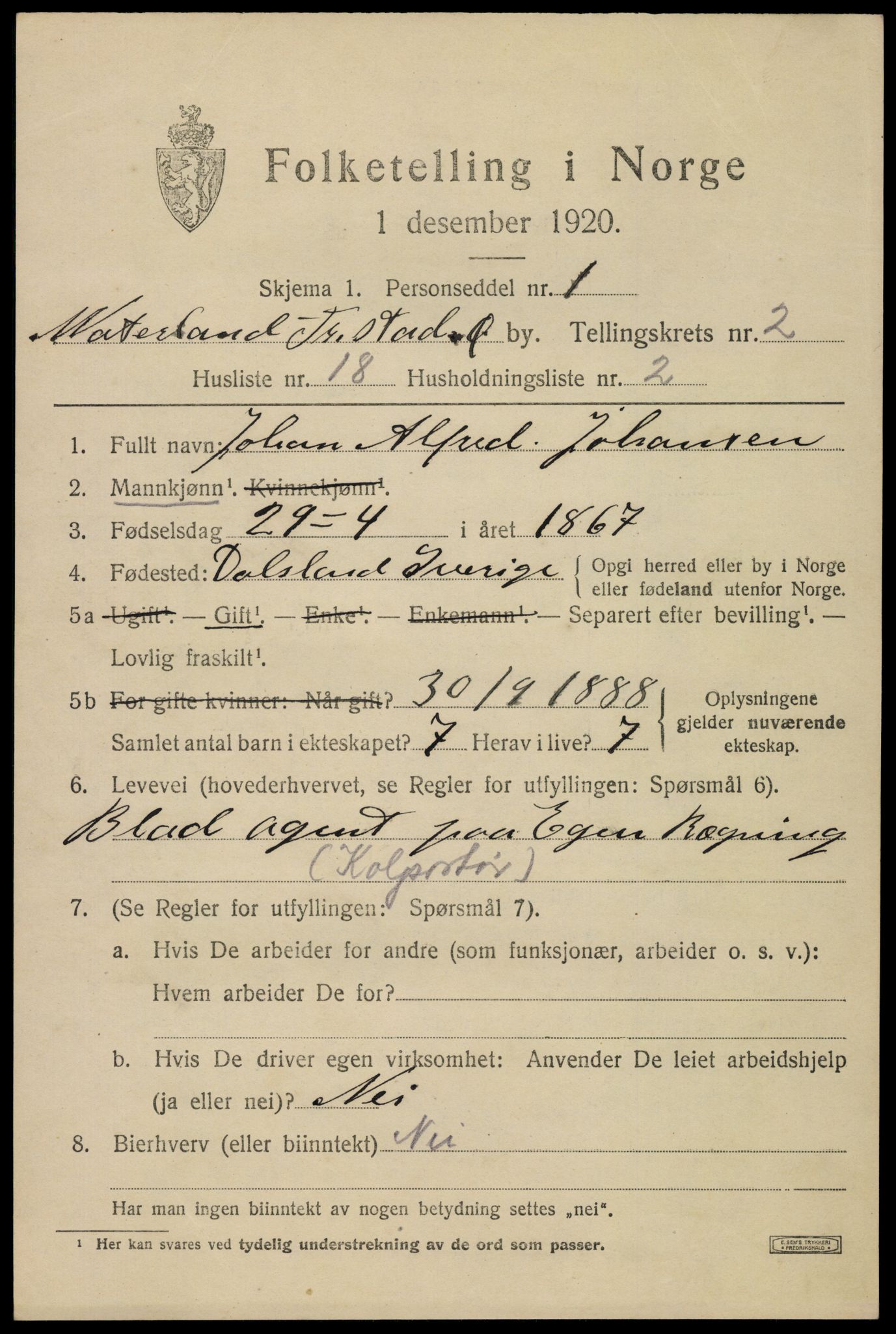 SAO, 1920 census for Fredrikstad, 1920, p. 13869