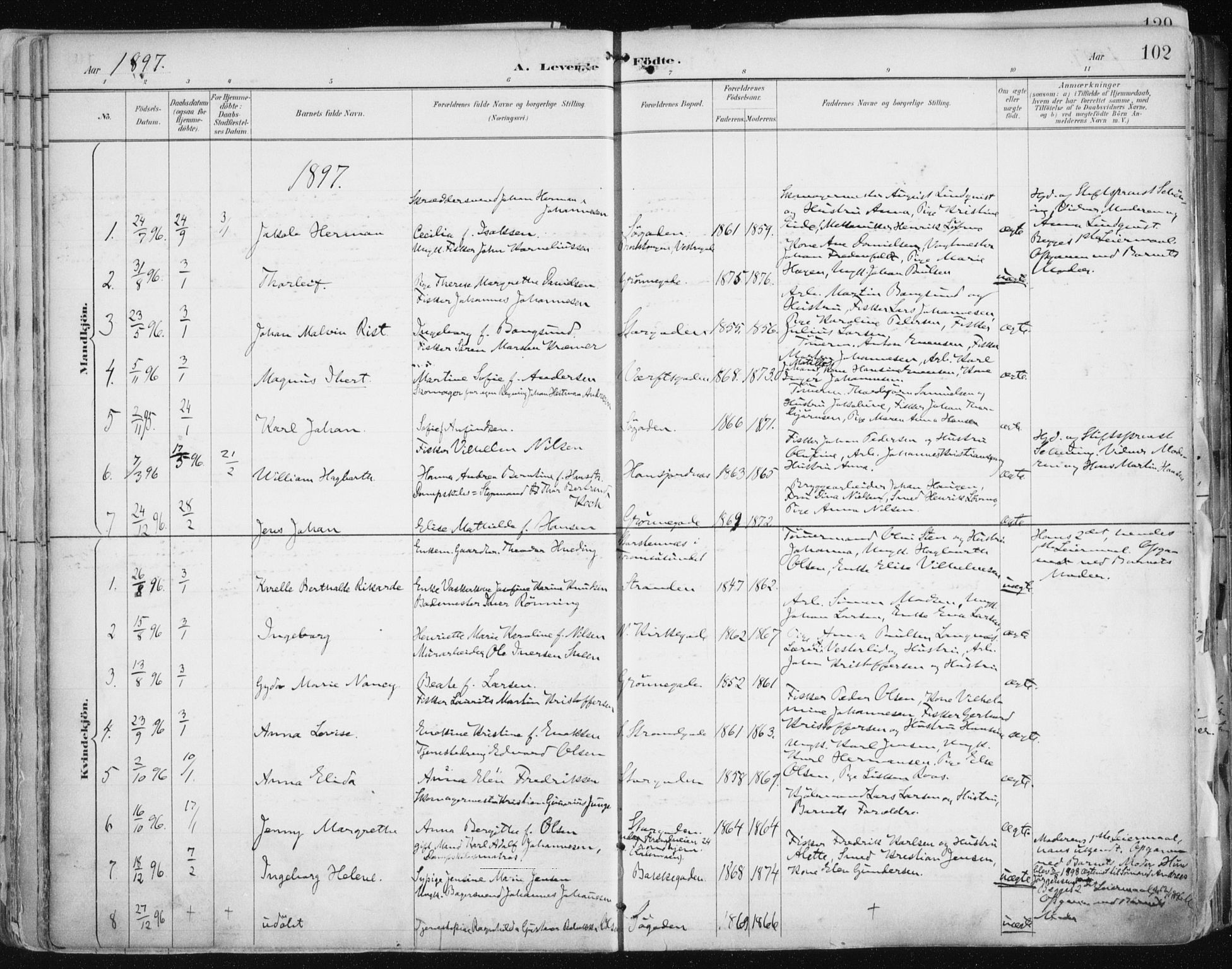 Tromsø sokneprestkontor/stiftsprosti/domprosti, SATØ/S-1343/G/Ga/L0015kirke: Parish register (official) no. 15, 1889-1899, p. 102