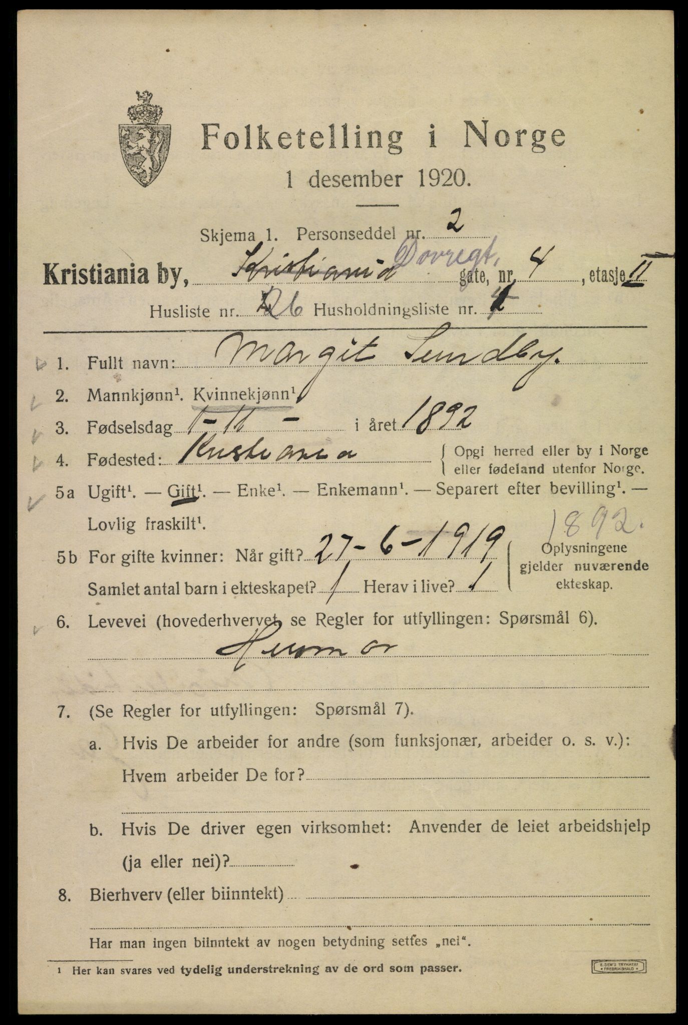 SAO, 1920 census for Kristiania, 1920, p. 200175