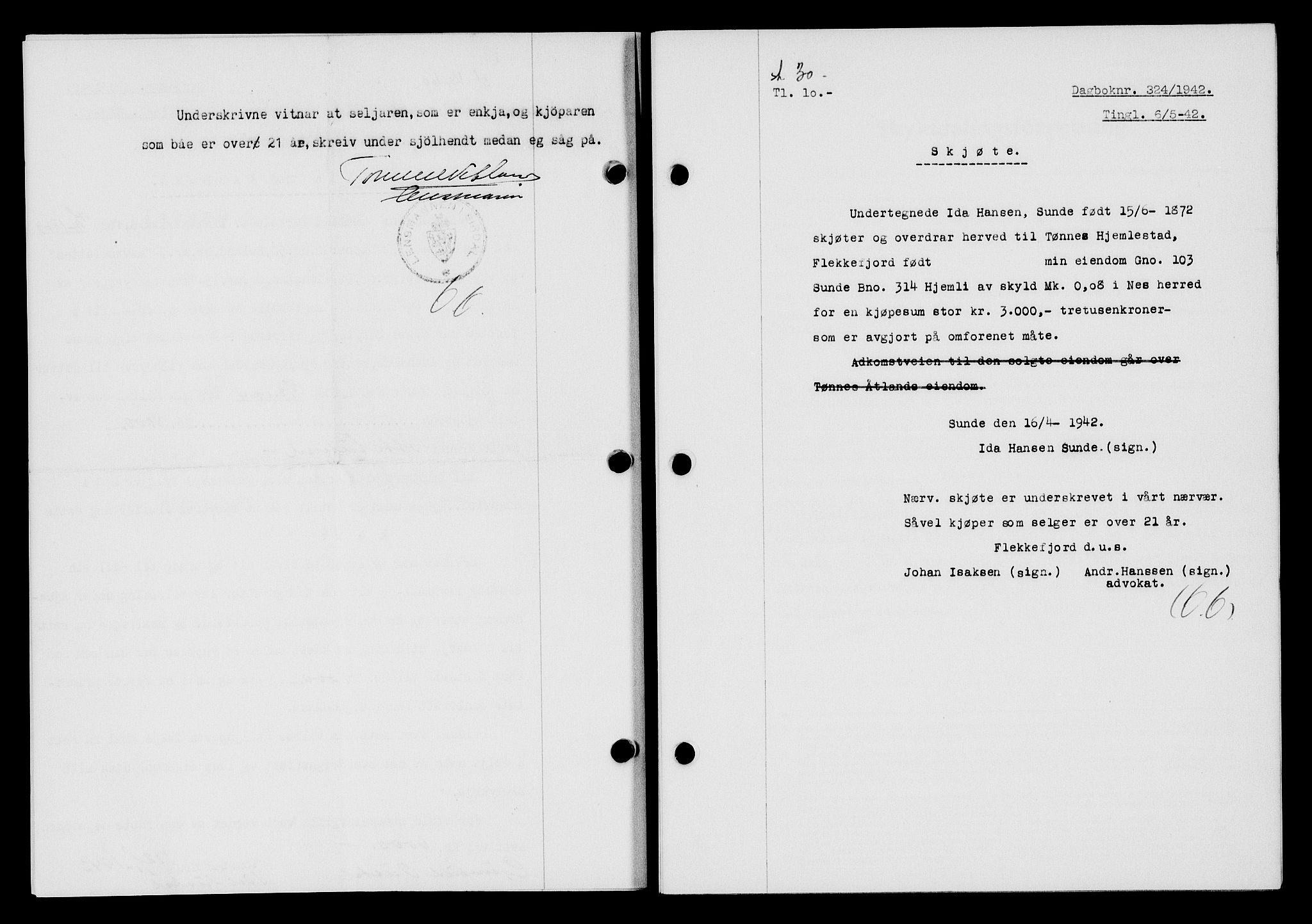 Flekkefjord sorenskriveri, SAK/1221-0001/G/Gb/Gba/L0057: Mortgage book no. A-5, 1941-1942, Diary no: : 324/1942
