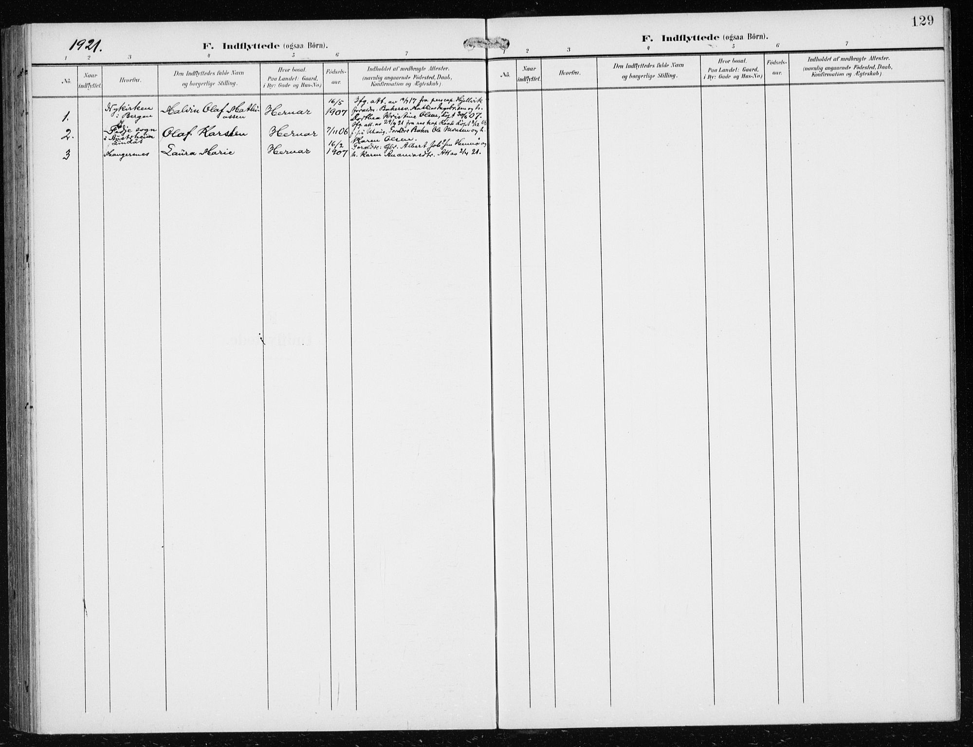 Herdla Sokneprestembete, AV/SAB-A-75701/H/Haa: Parish register (official) no. B 1, 1902-1921, p. 129