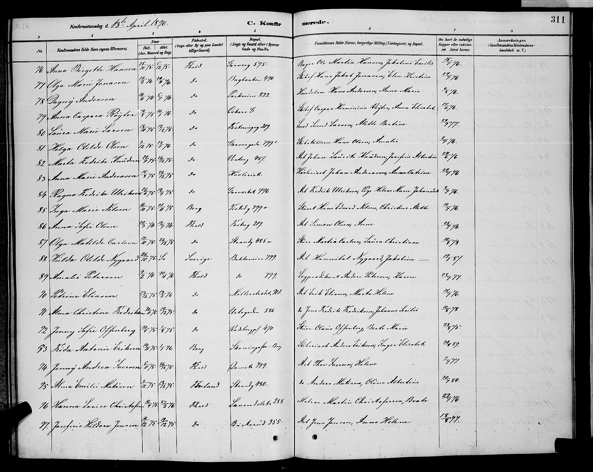 Halden prestekontor Kirkebøker, AV/SAO-A-10909/G/Ga/L0008: Parish register (copy) no. 8, 1885-1899, p. 311