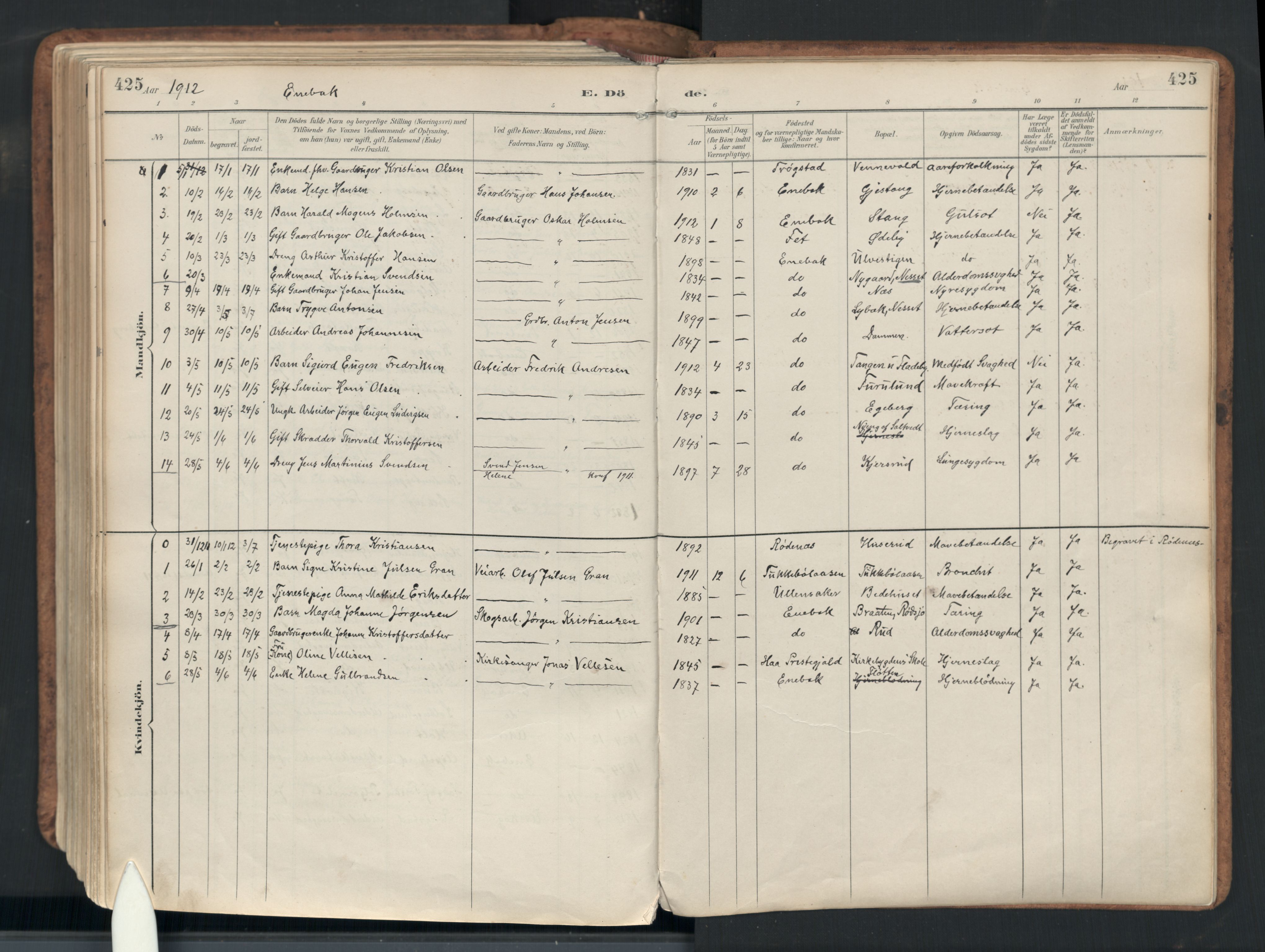 Enebakk prestekontor Kirkebøker, SAO/A-10171c/F/Fb/L0002: Parish register (official) no. II 2, 1891-1959, p. 425