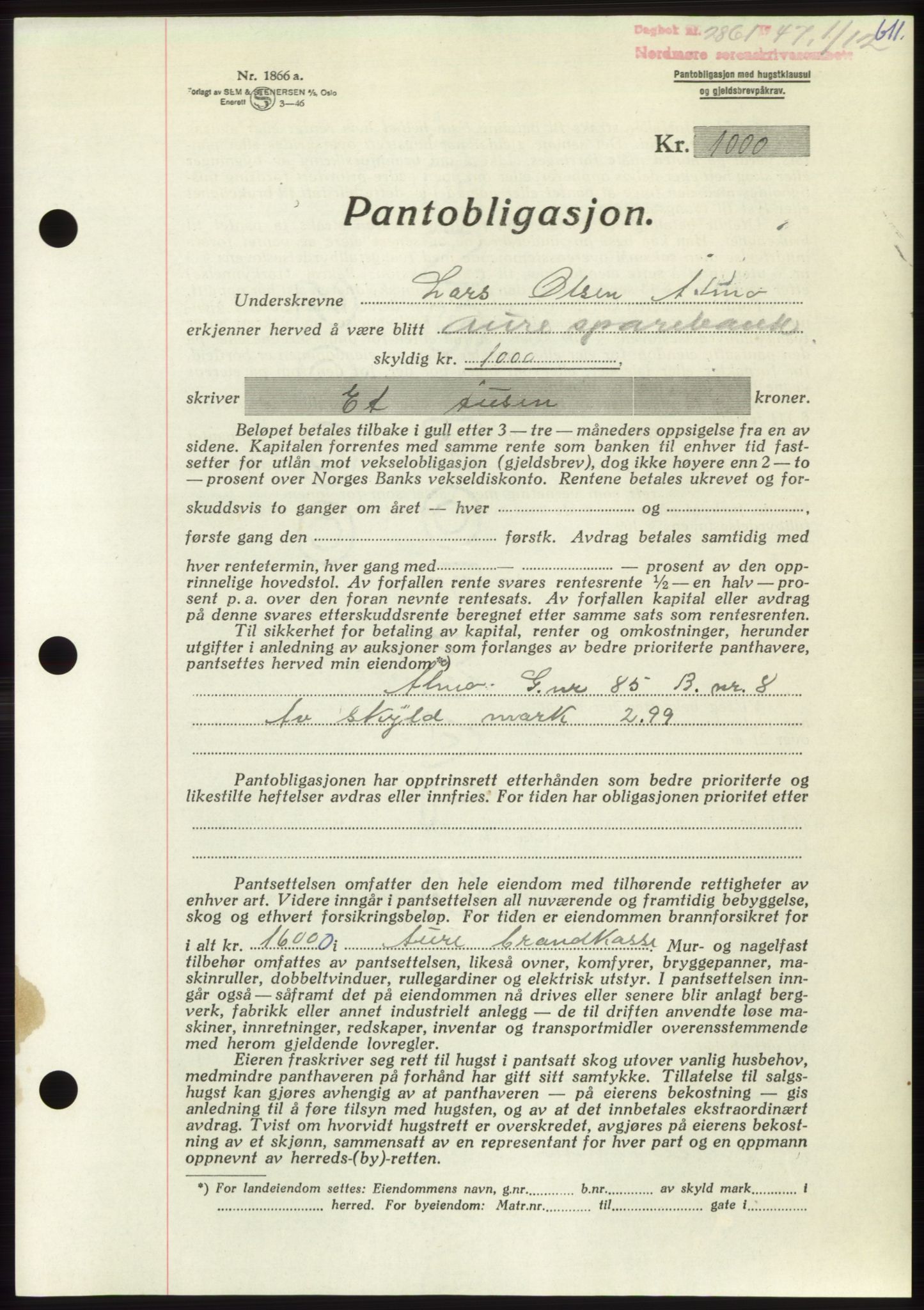 Nordmøre sorenskriveri, AV/SAT-A-4132/1/2/2Ca: Mortgage book no. B97, 1947-1948, Diary no: : 2861/1947