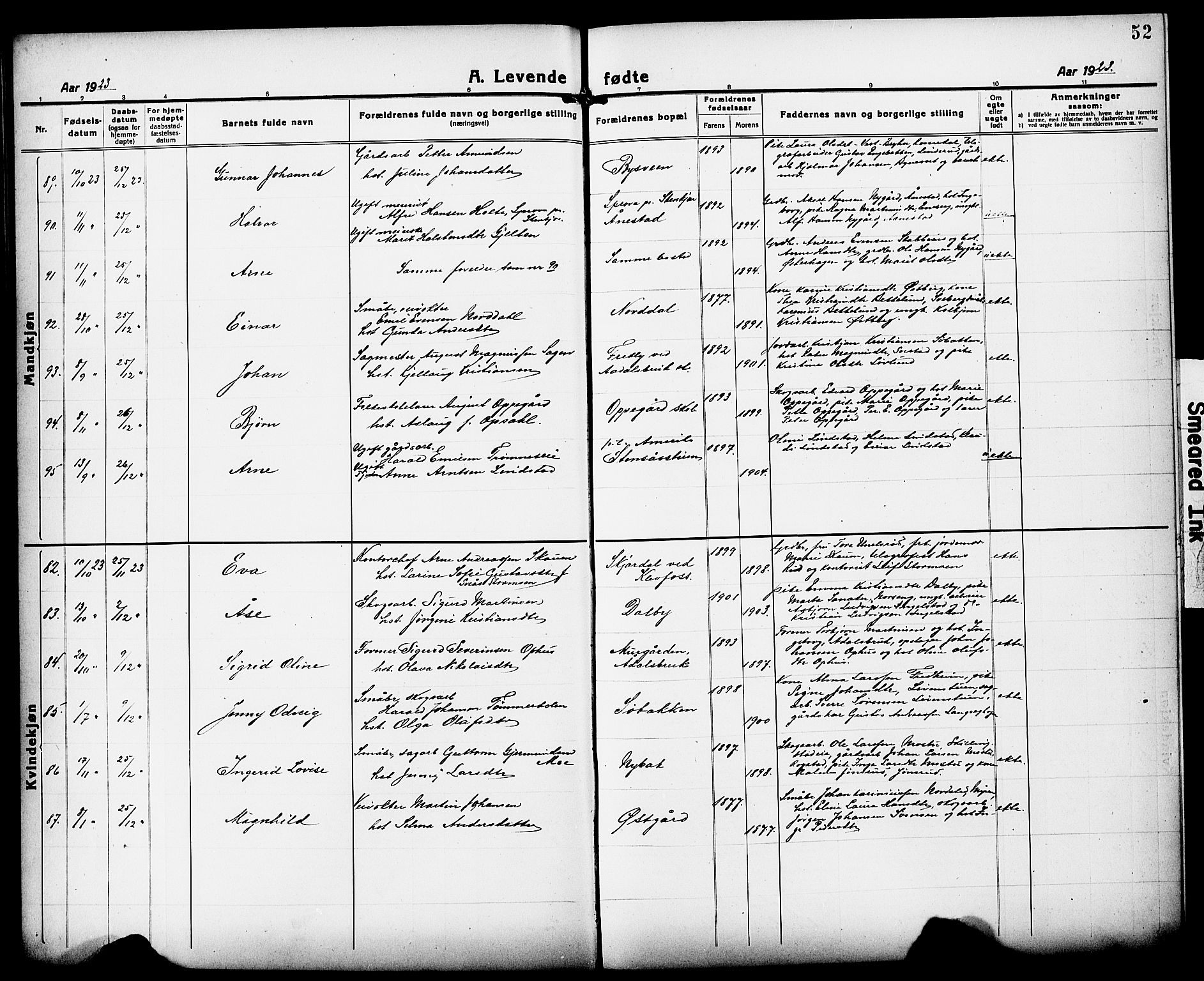 Løten prestekontor, AV/SAH-PREST-022/L/La/L0008: Parish register (copy) no. 8, 1920-1929, p. 52