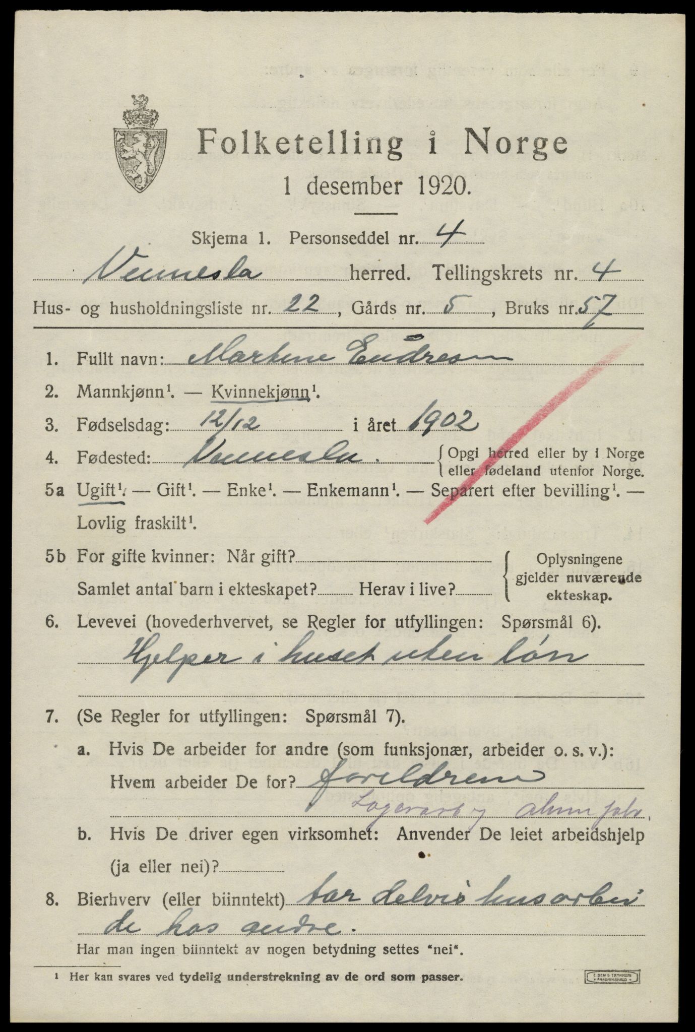 SAK, 1920 census for Vennesla, 1920, p. 3120