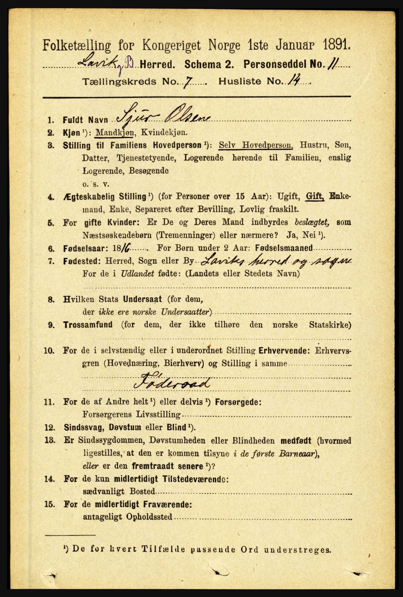 RA, 1891 census for 1415 Lavik og Brekke, 1891, p. 1452