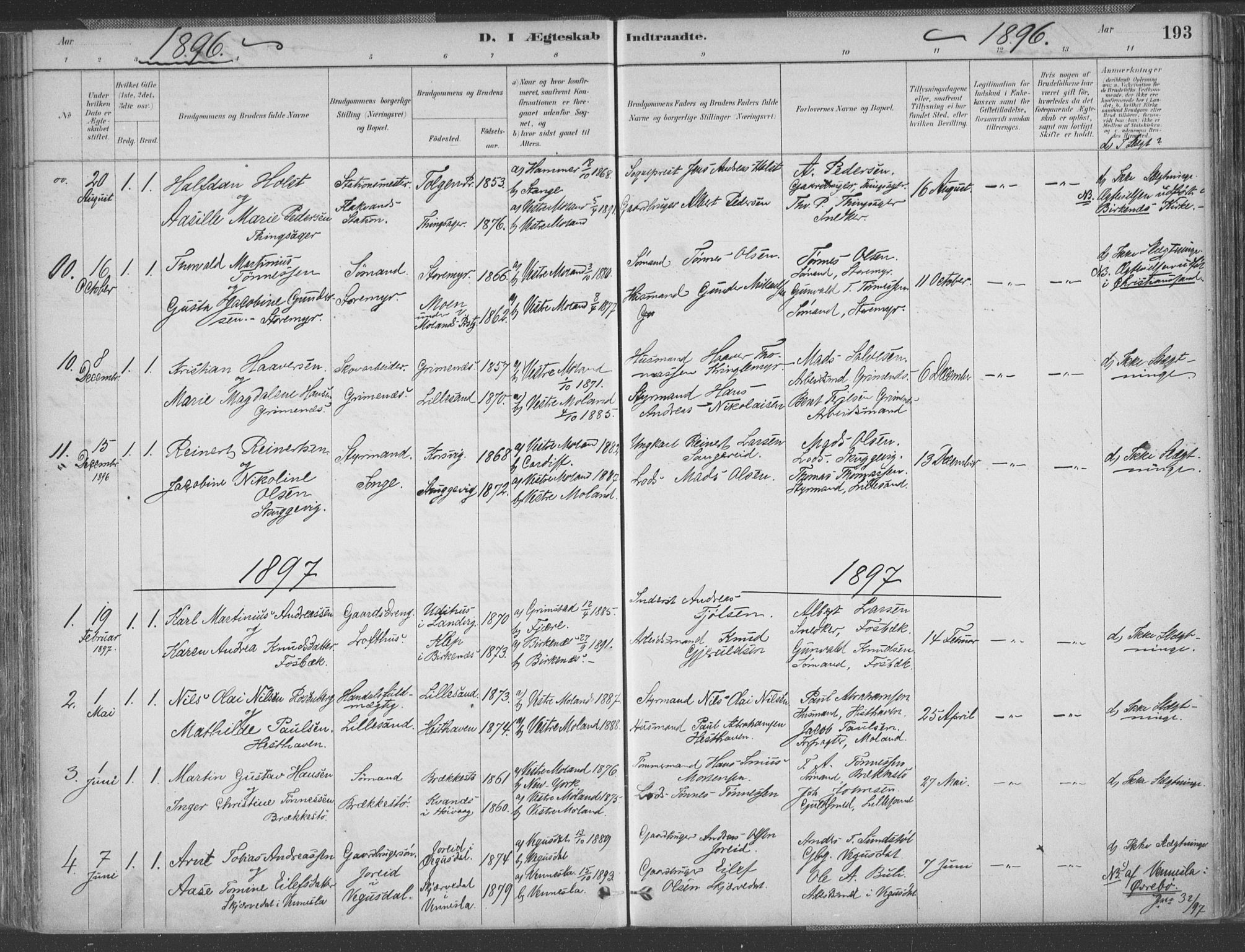 Vestre Moland sokneprestkontor, SAK/1111-0046/F/Fa/Fab/L0009: Parish register (official) no. A 9, 1884-1899, p. 193