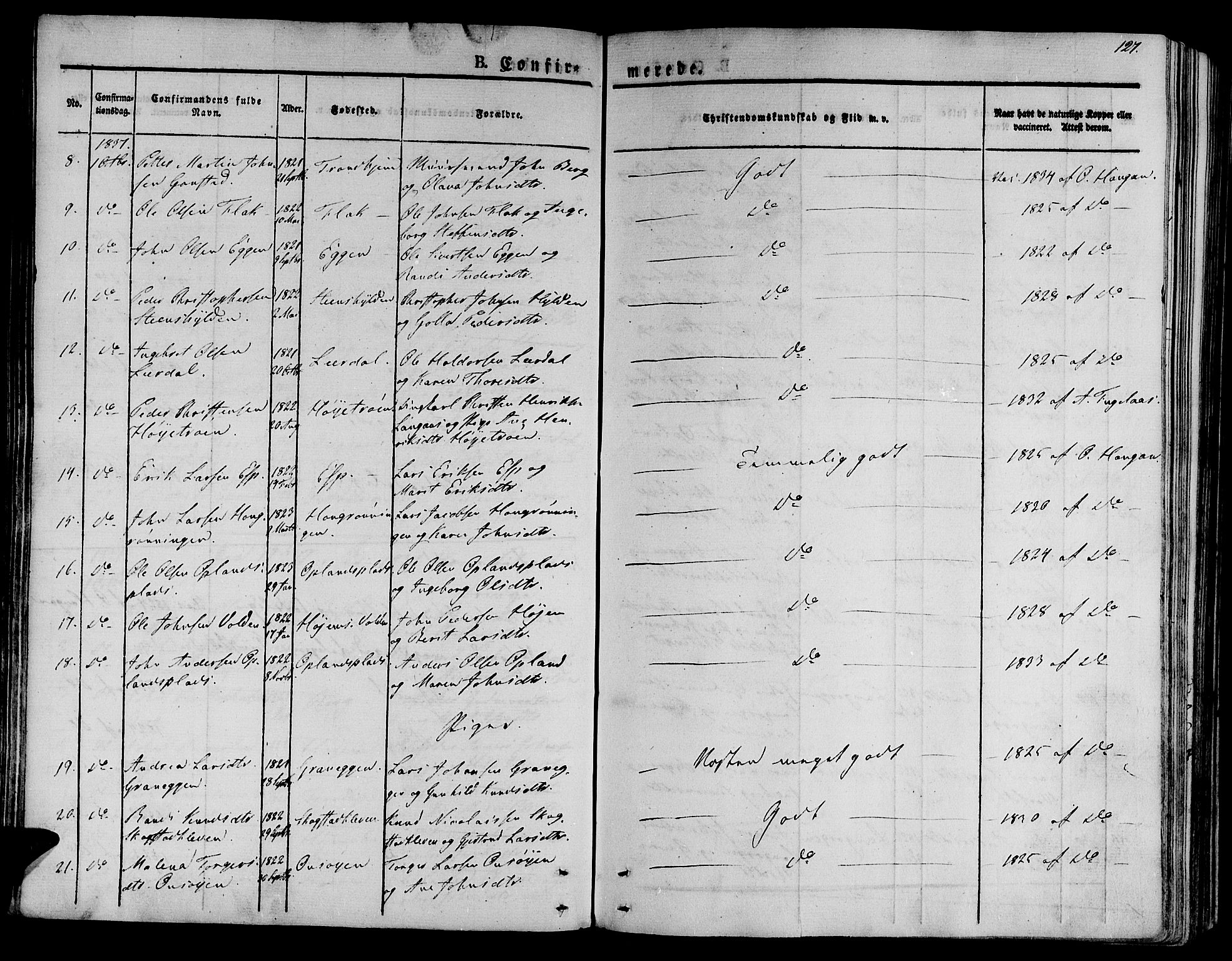 Ministerialprotokoller, klokkerbøker og fødselsregistre - Sør-Trøndelag, SAT/A-1456/612/L0374: Parish register (official) no. 612A07 /1, 1829-1845, p. 127
