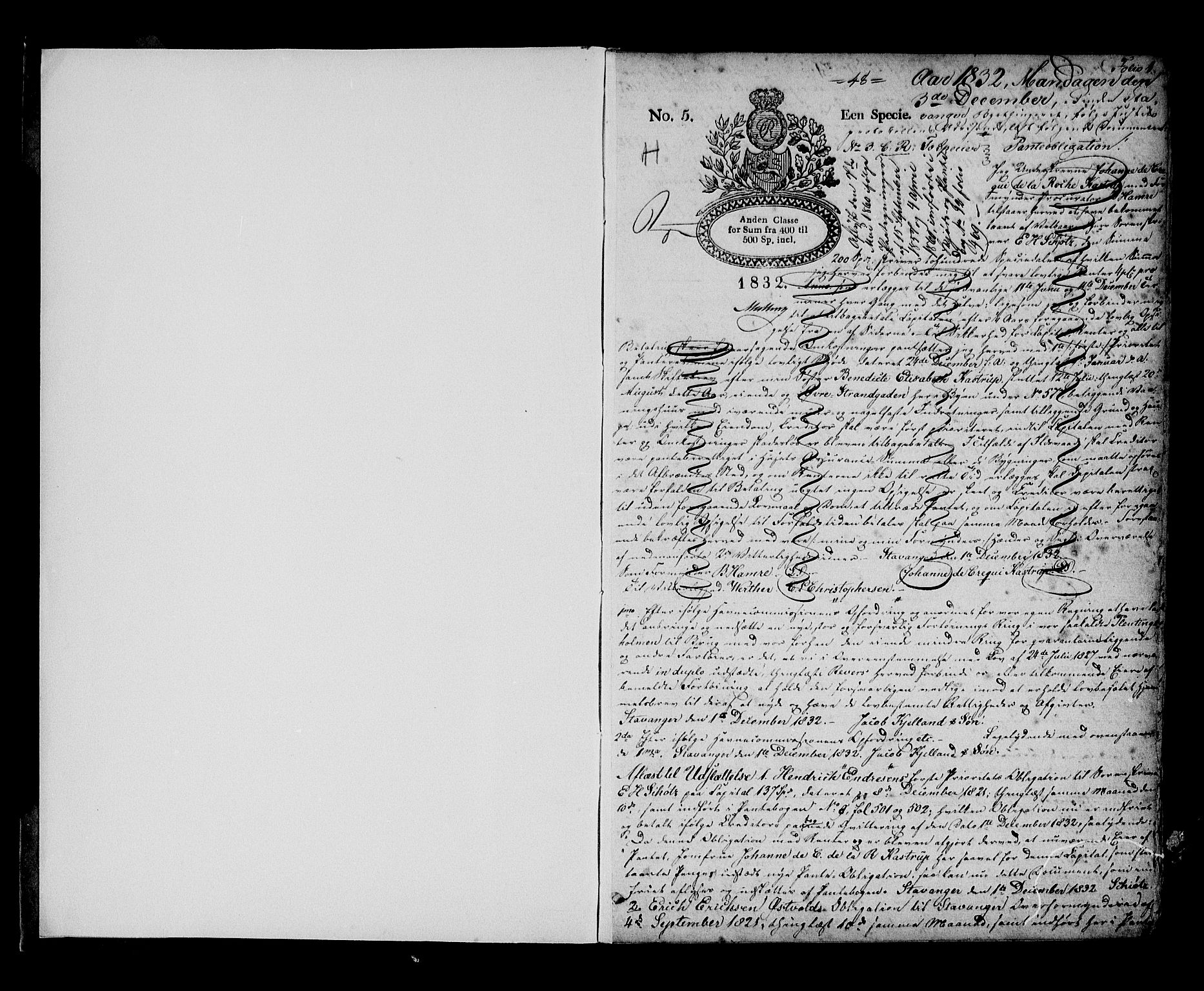 Stavanger byfogd, AV/SAST-A-101408/001/4/41/410/410BB/L0014: Mortgage book no. 10, 1832-1843, p. 1