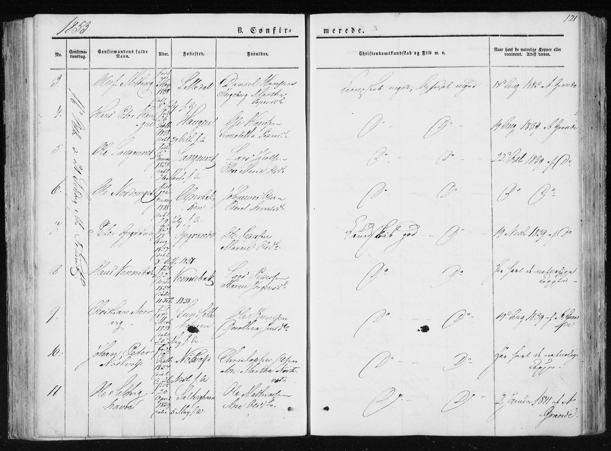 Ministerialprotokoller, klokkerbøker og fødselsregistre - Nord-Trøndelag, SAT/A-1458/733/L0323: Parish register (official) no. 733A02, 1843-1870, p. 121