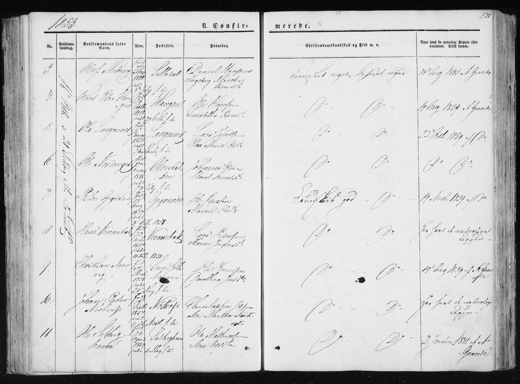 Ministerialprotokoller, klokkerbøker og fødselsregistre - Nord-Trøndelag, AV/SAT-A-1458/733/L0323: Parish register (official) no. 733A02, 1843-1870, p. 121