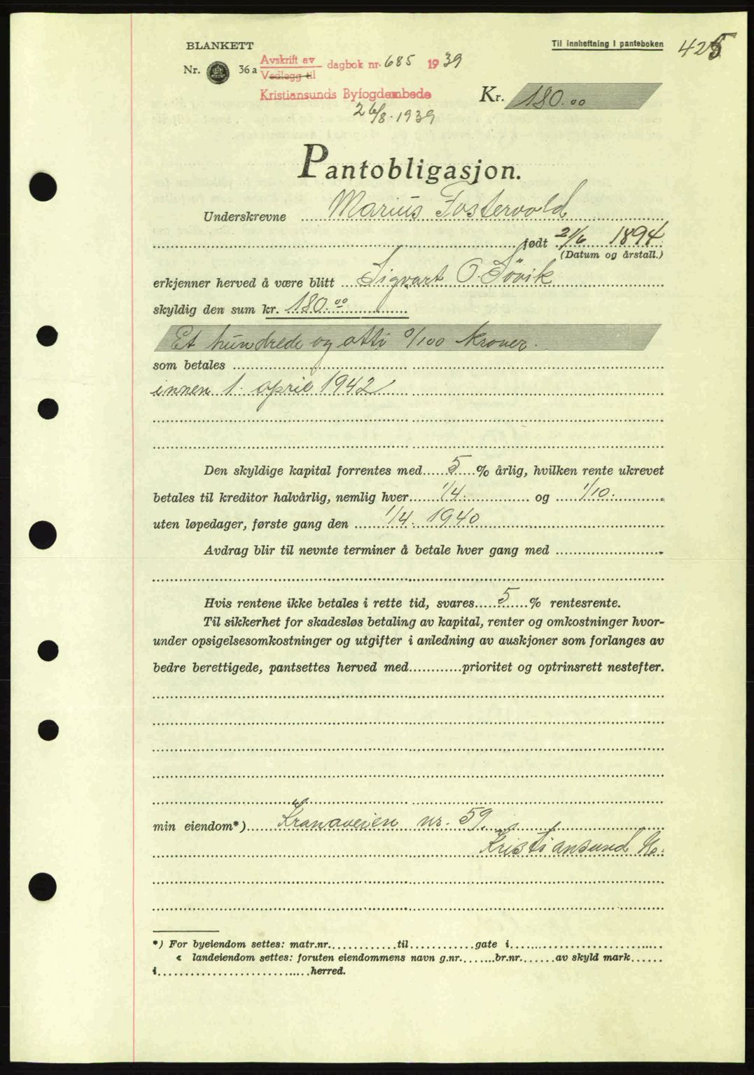 Kristiansund byfogd, SAT/A-4587/A/27: Mortgage book no. 31, 1938-1939, Diary no: : 685/1939