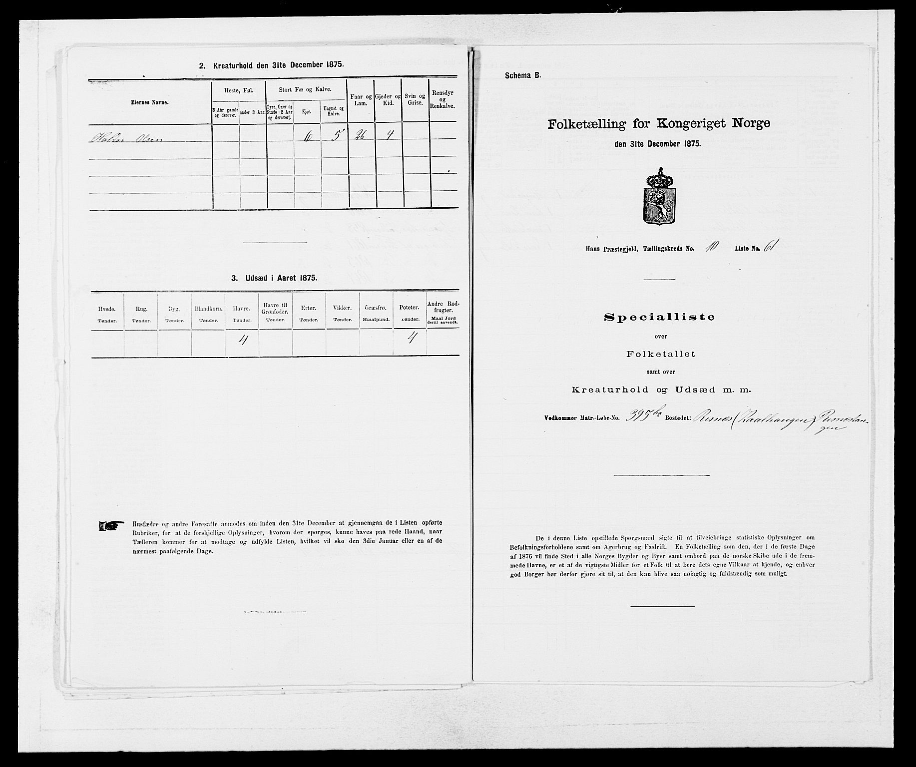 SAB, 1875 census for 1250P Haus, 1875, p. 1296