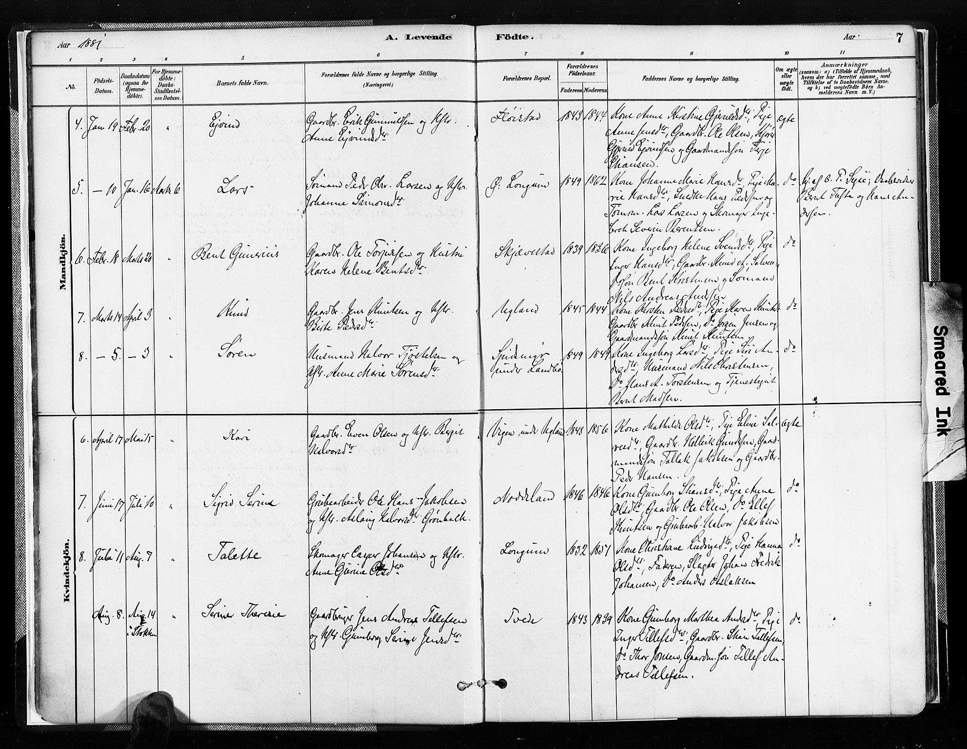 Austre Moland sokneprestkontor, SAK/1111-0001/F/Fa/Faa/L0010: Parish register (official) no. A 10, 1880-1904, p. 7