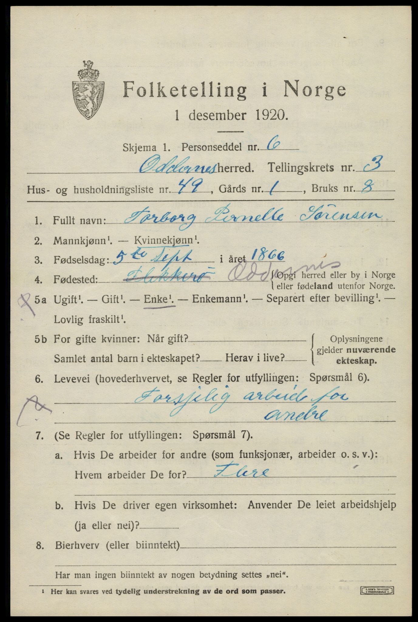 SAK, 1920 census for Oddernes, 1920, p. 3889