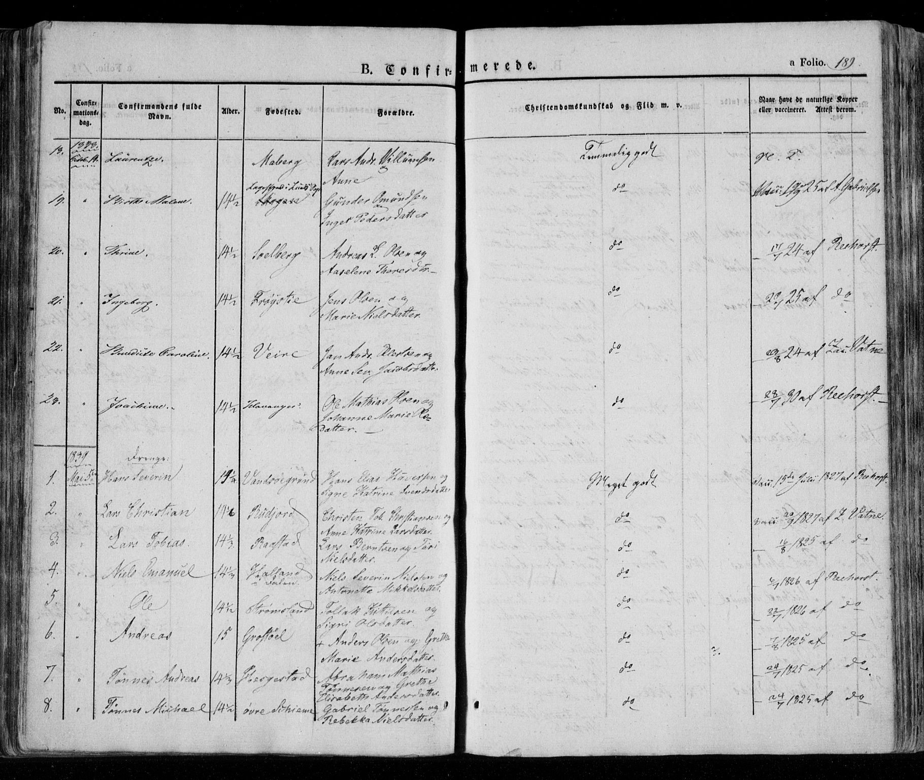 Lista sokneprestkontor, AV/SAK-1111-0027/F/Fa/L0009: Parish register (official) no. A 9, 1835-1846, p. 189