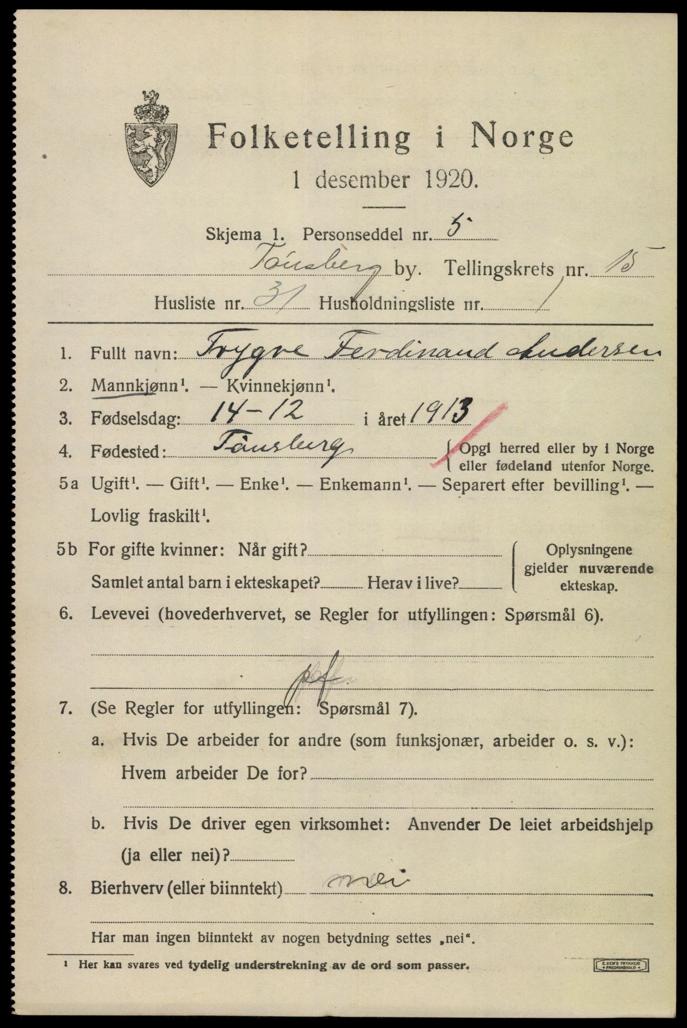 SAKO, 1920 census for Tønsberg, 1920, p. 24109