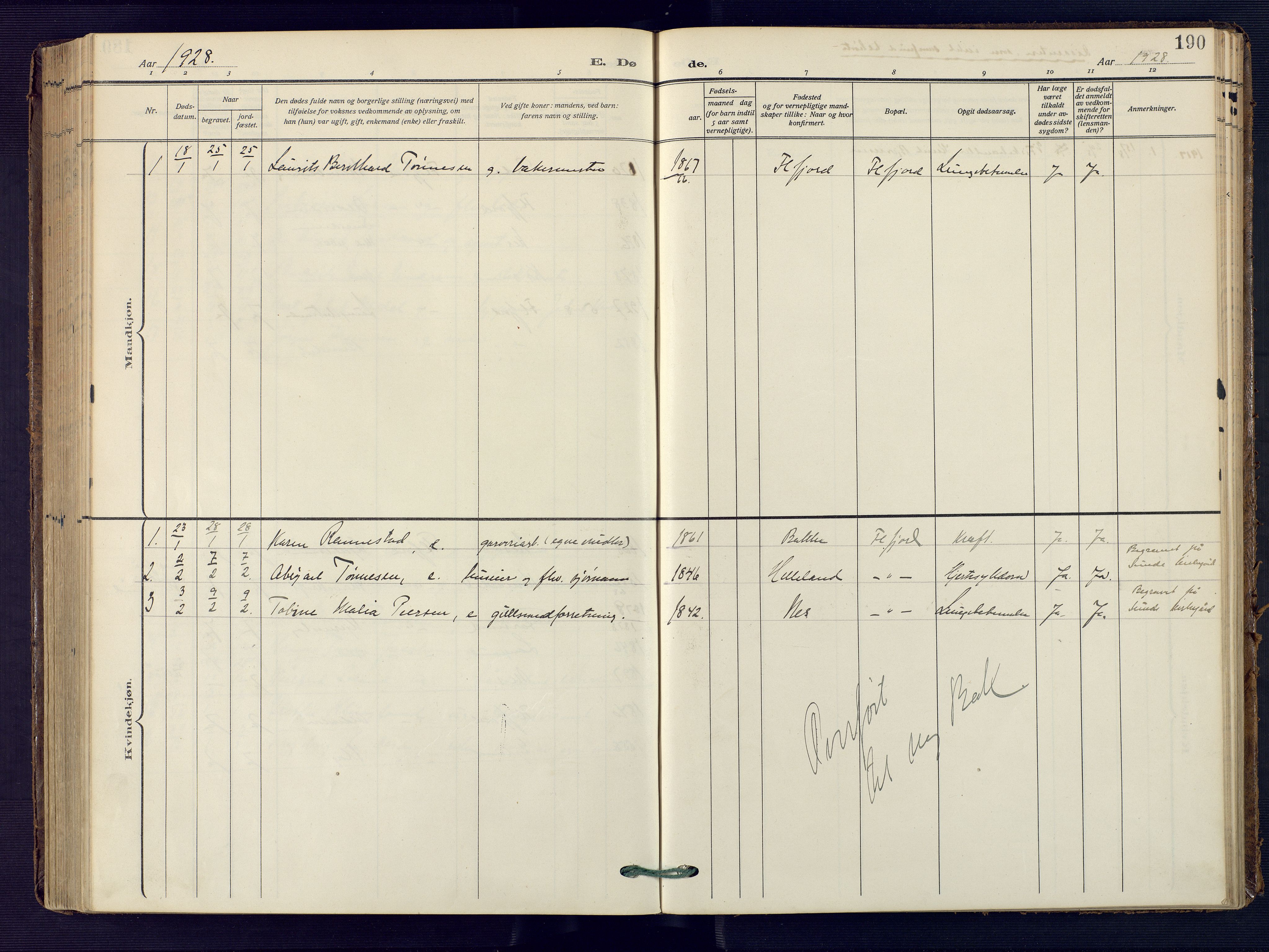 Flekkefjord sokneprestkontor, SAK/1111-0012/F/Fa/Faa/L0003: Parish register (official) no. A 3, 1913-1928, p. 190