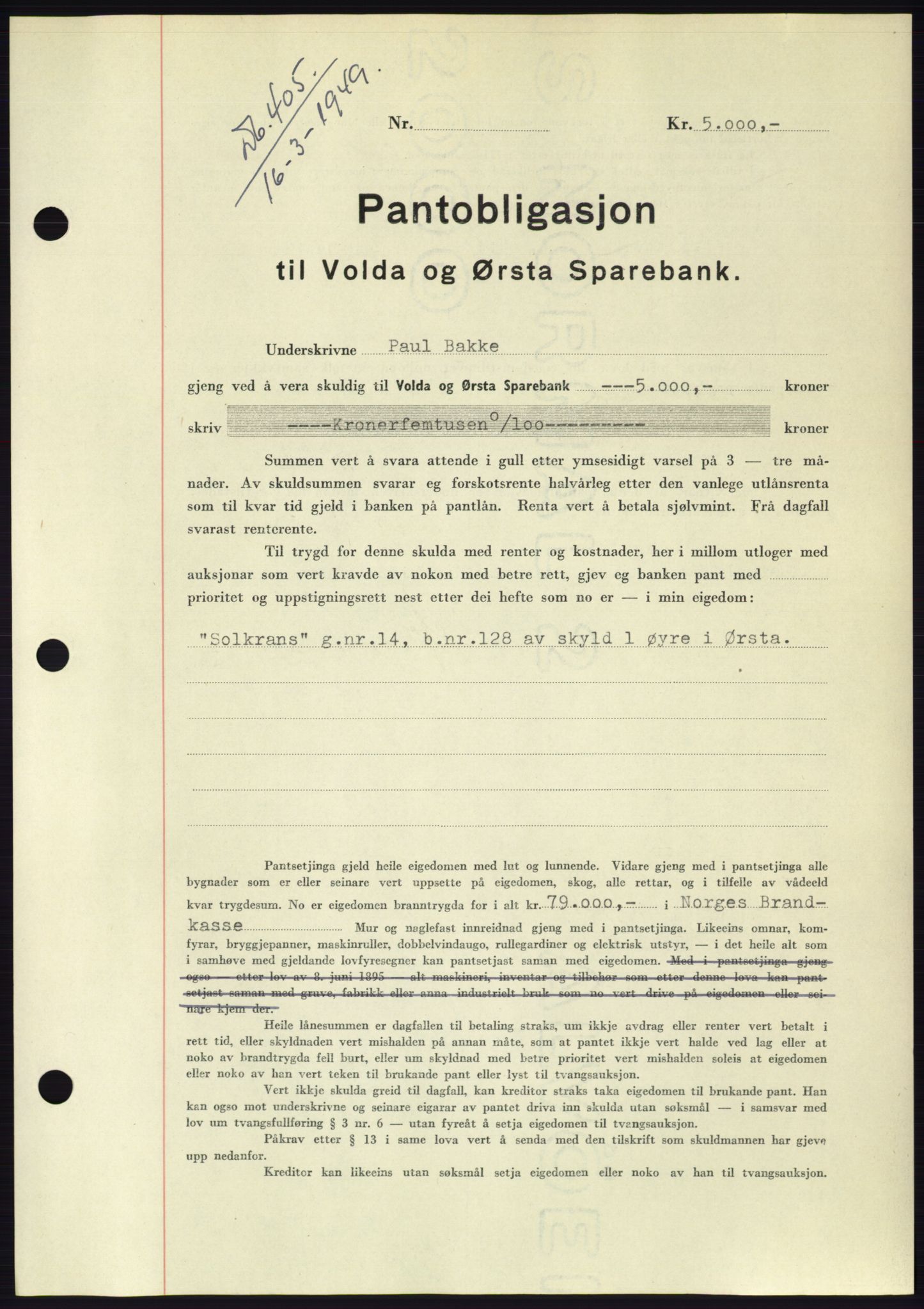 Søre Sunnmøre sorenskriveri, AV/SAT-A-4122/1/2/2C/L0116: Mortgage book no. 4B, 1948-1949, Diary no: : 405/1949