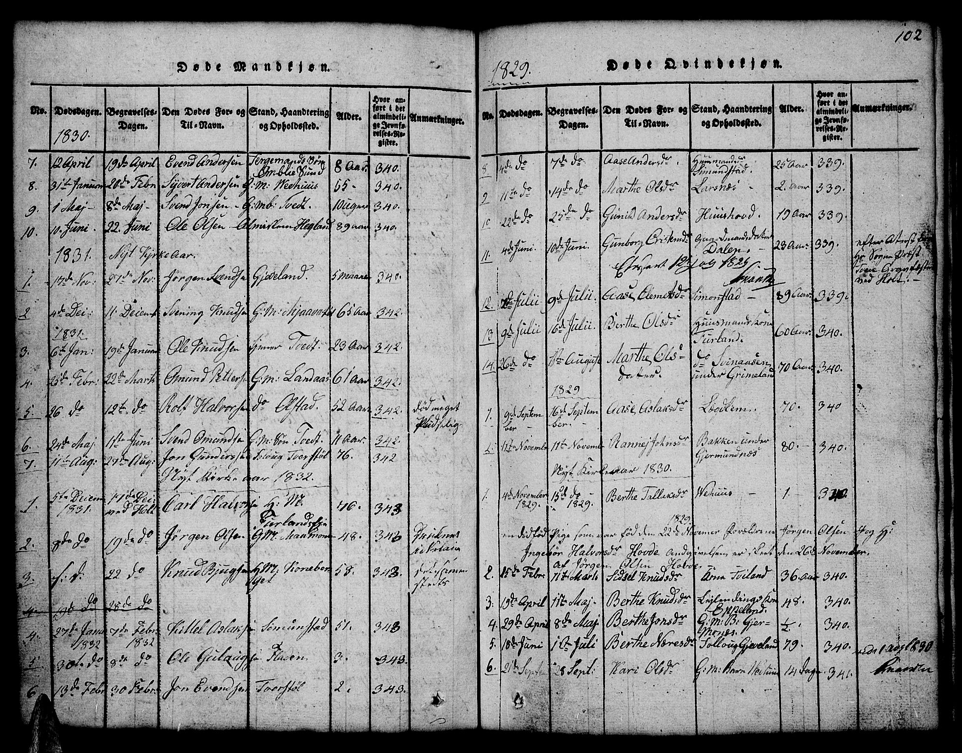 Åmli sokneprestkontor, AV/SAK-1111-0050/F/Fb/Fbc/L0001: Parish register (copy) no. B 1, 1816-1867, p. 102