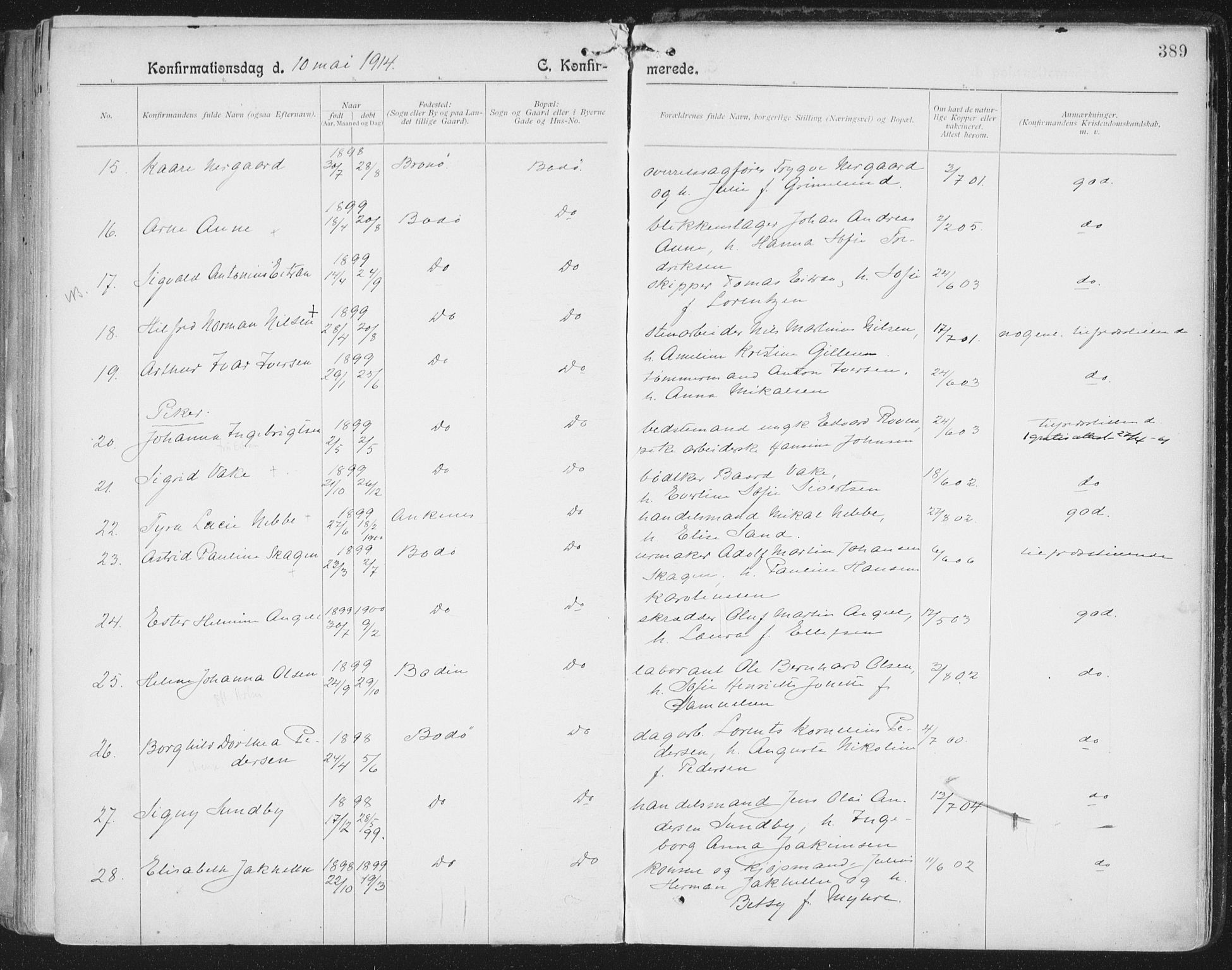 Ministerialprotokoller, klokkerbøker og fødselsregistre - Nordland, AV/SAT-A-1459/801/L0011: Parish register (official) no. 801A11, 1900-1916, p. 389